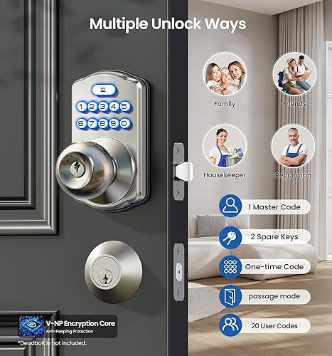 Miniatura 2 de Veise Cerradura de perilla de puerta con teclado, cerradura digital de entrada sin llave con asa, perilla electrónica para puerta delantera y