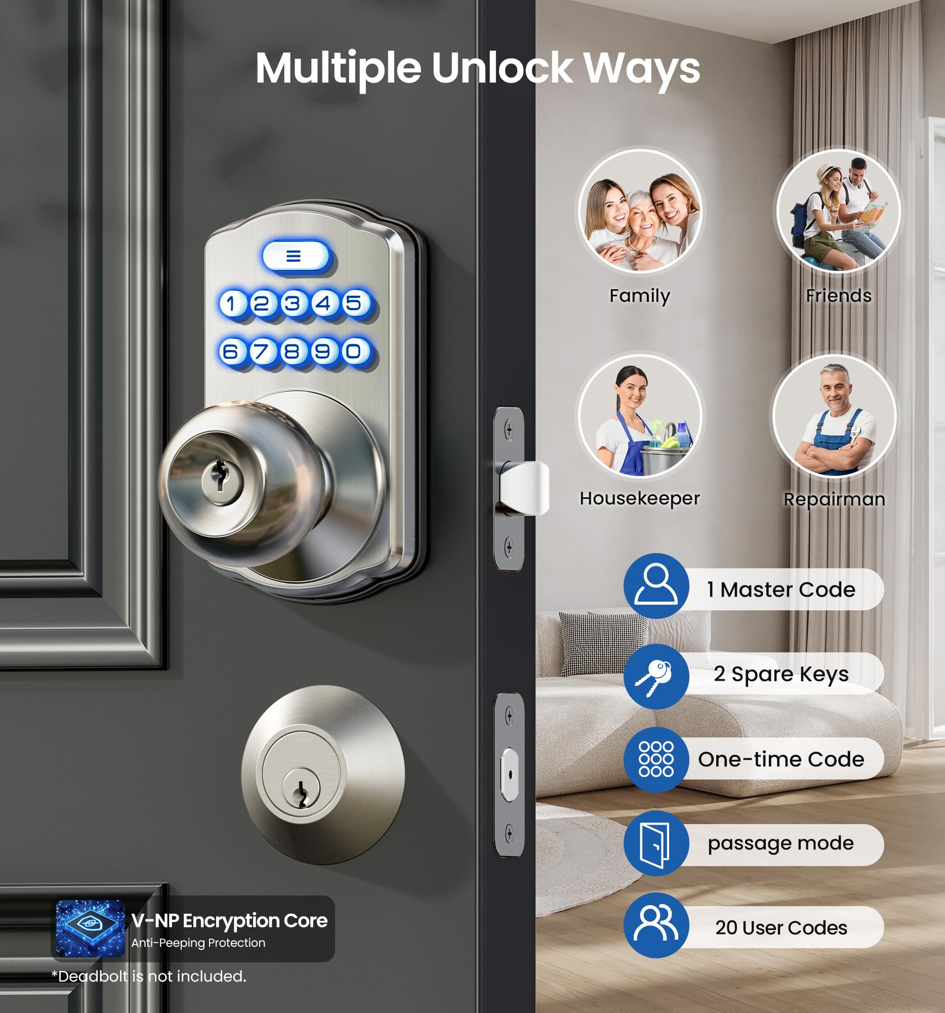 Veise Serratura a manopola per porta tastiera, serratura digitale senza chiave con maniglia, manopola elettronica intelligente per porta d'ingresso e camera da letto, facile da installare, blocco