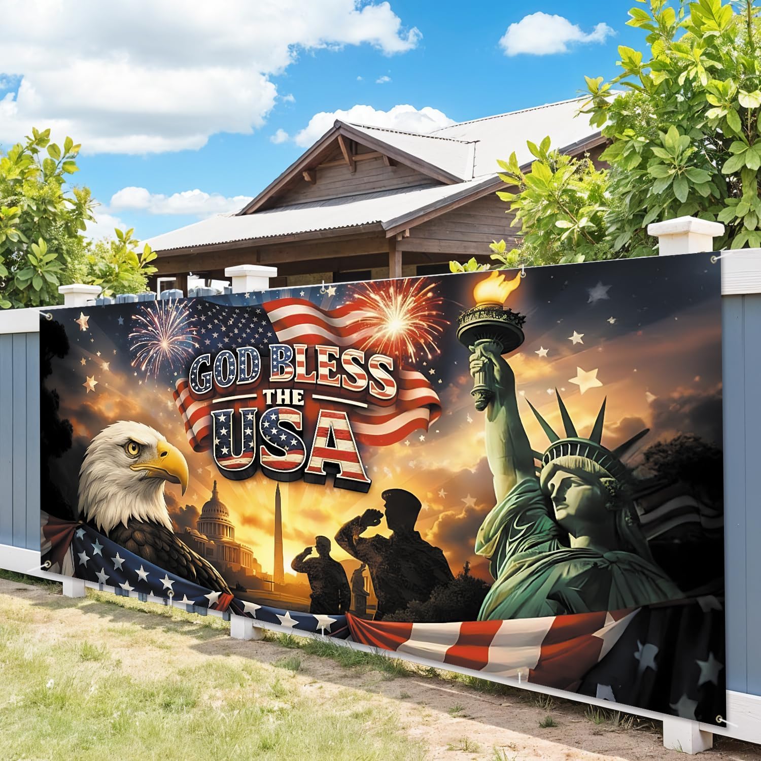 7 * 16FT Eagle flag God Bless The USA Garage Door Cover Decorations Independence Day Garage Door Banner for Outdoor Indoor Patriot Party Photography Backdrop