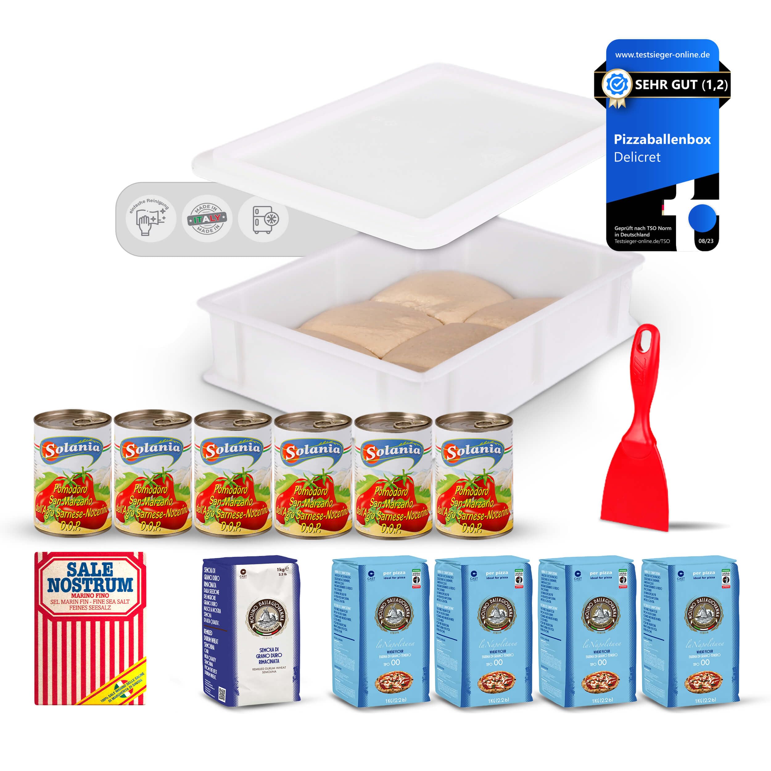 Delicret - Pizza-Set Starter - 6x400g San Marzano Tomaten + Molino Dallagiovanna - 4 kg Pizzamehl Typ 00 "La Napoletana", 1 kg Semolamehl, Pizzaballenbox für Pizzateig mit Leidenschaft, Pizzateig-Kit