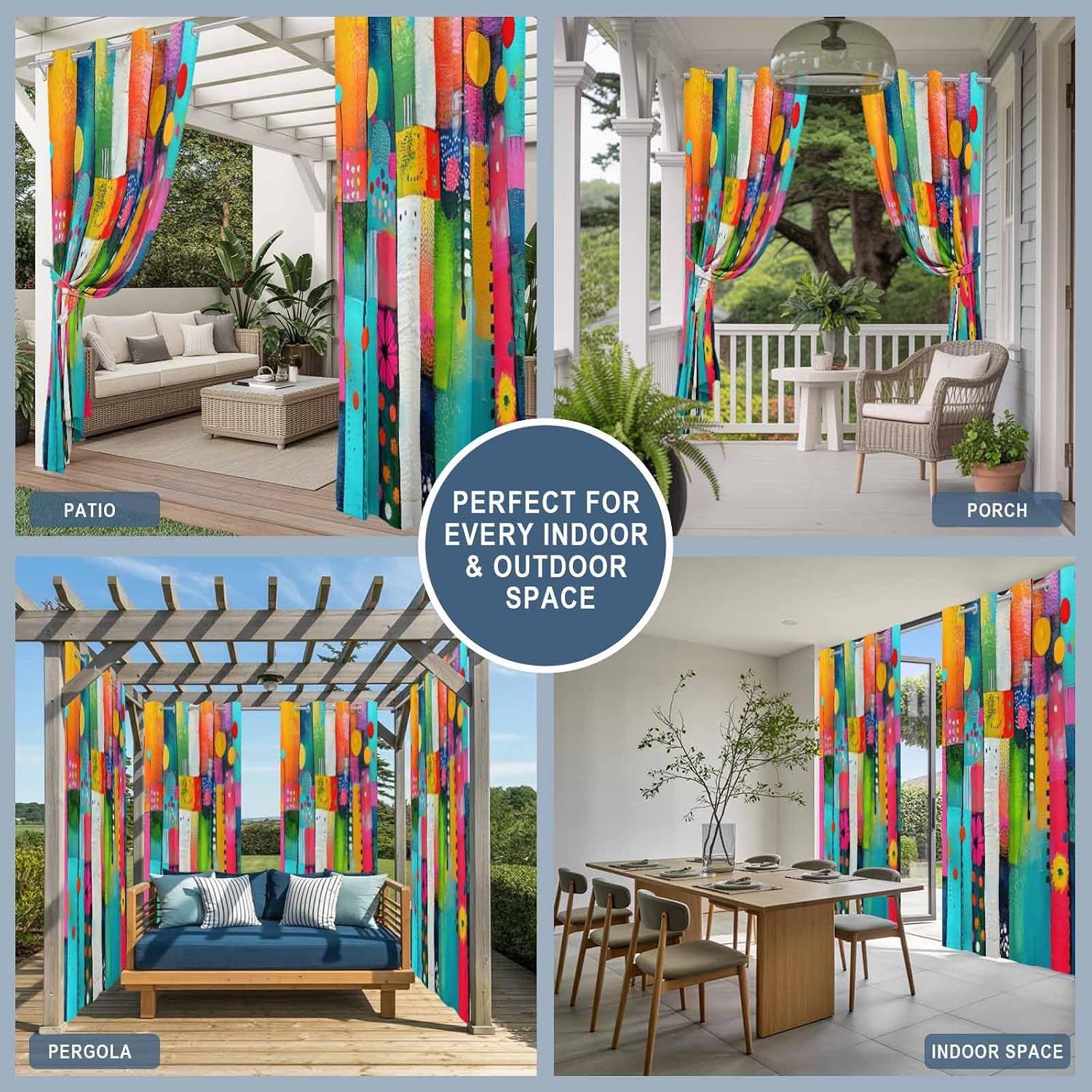Outdoor Curtains for Patio Waterproof, Colorful Geometric Outdoor Blackout Curtains for Porch/Balcony/Gazebo, Modern Artwork Abstract Sun Blocking Privacy Curtain Drapes 84 Inches 2 Panels, 54"x84"