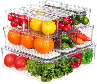 UCHUANG Set of 10 Fridge Organizer, Stackable Refrigerator Organizer Bins with Lids, Fridge Organization and Food Storage Clear Containers, BPA-Free Plastic Pantry Storage Bins for Kitchen