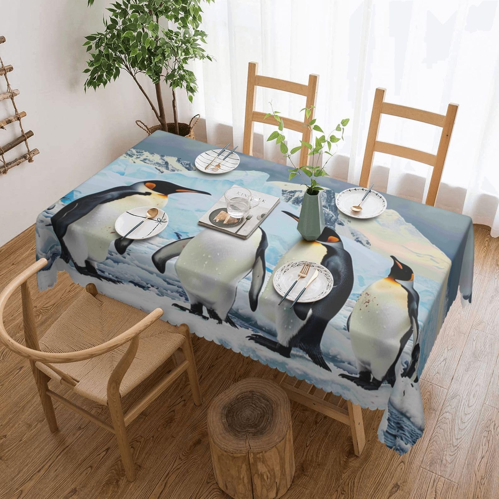 Penguins on The Iceberg Printed Rectangle Tablecloth 72x54 Inch with Lace Trim, Water-Resistant Washable Table Cover for Farmhouse Weddings, Outdoor Picnics & Holiday Dining