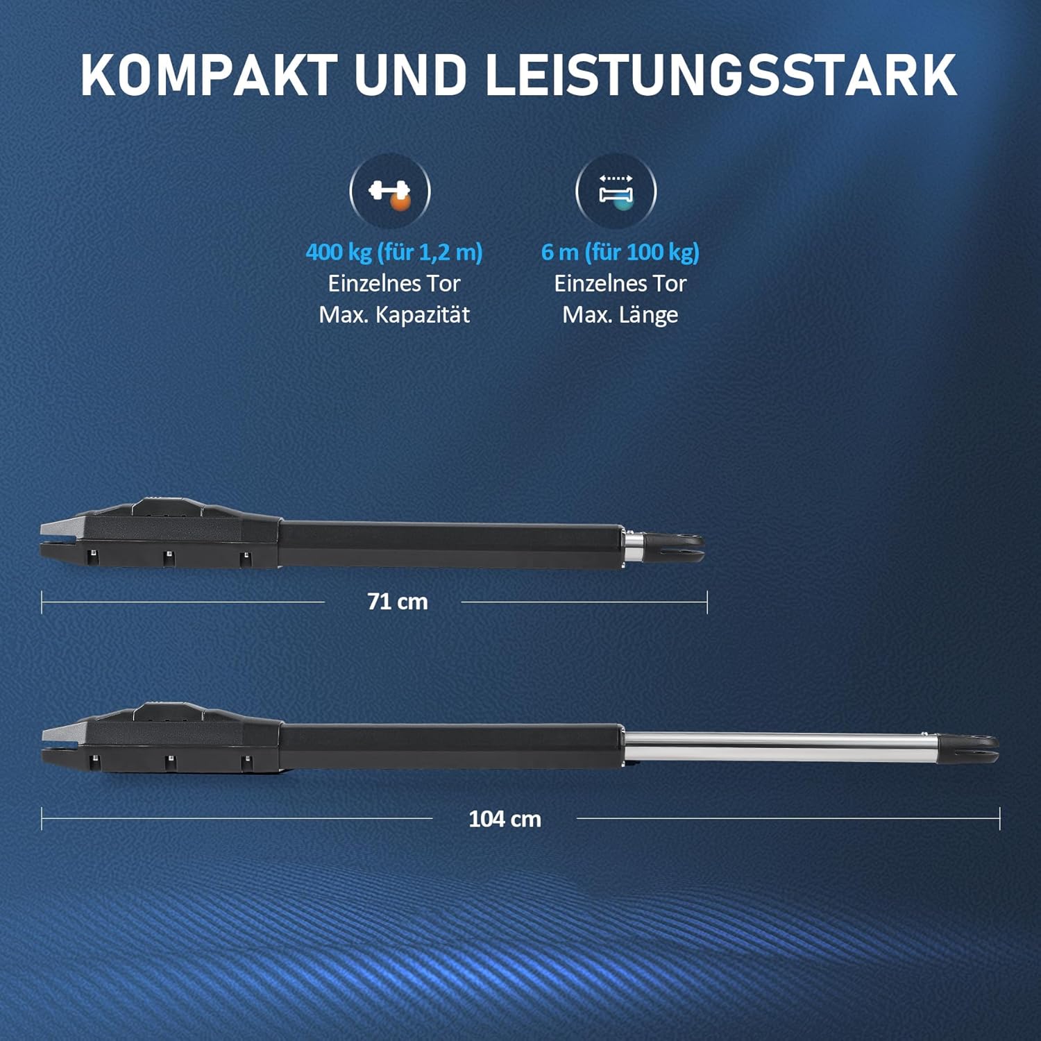 Diagram showing the dimensions of the gate operator units, indicating a length of 71 cm for a 400 kg capacity gate and 104 cm for a 6m length gate.