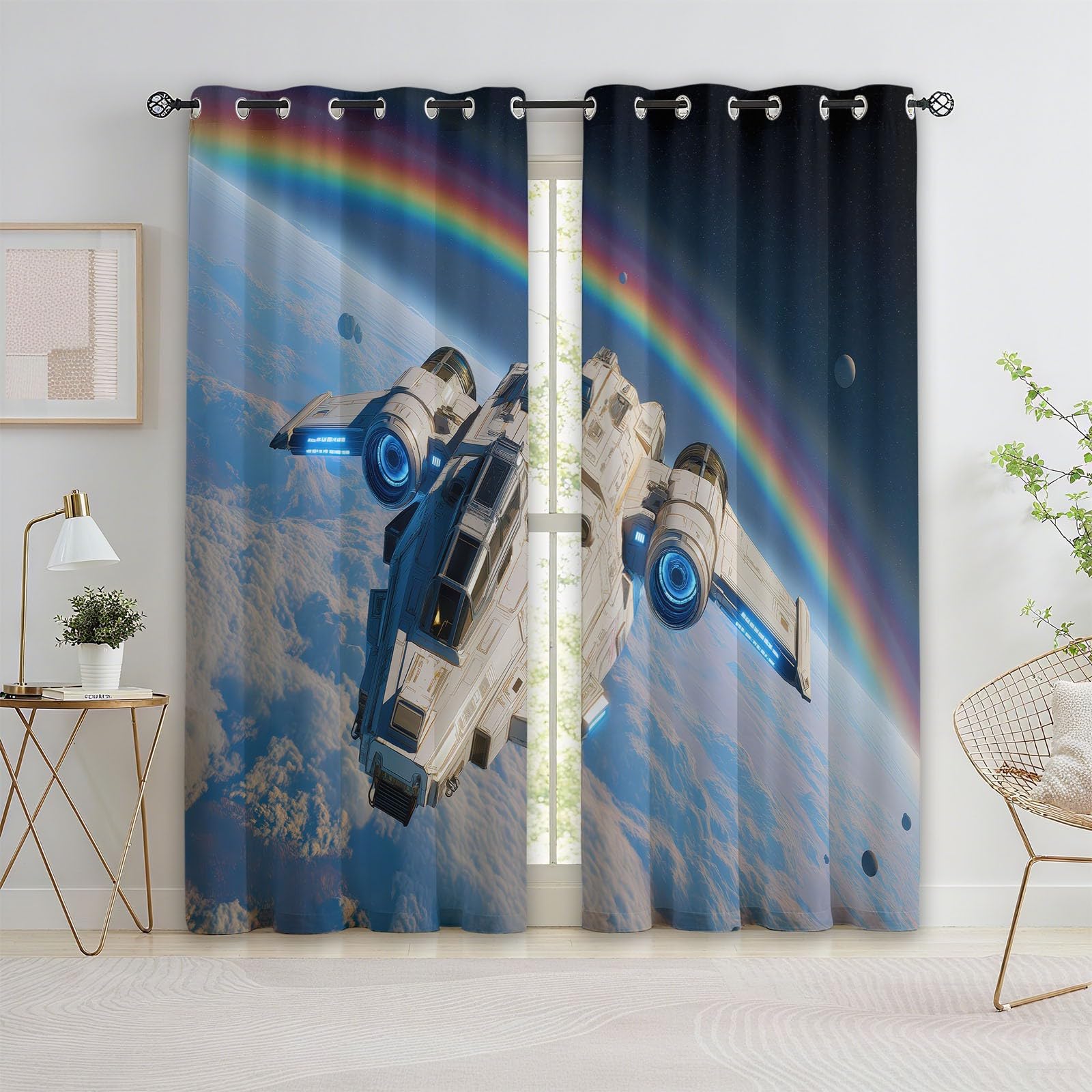 Cortinas de Ventana 140 x 260 cm (2 Paneles) Fáciles de Colgar, Universo Espacial Moderno Nave Espacial Opacas Térmicas Aislantes del Frío y del Calor, Arcoíris para Dormitorio o Sala de Estar