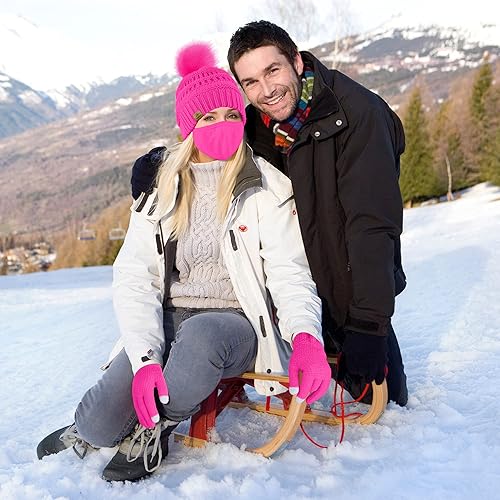 Vista 6 de URATOT Conjuntos de punto cálido de invierno, gorro de punto, bufanda, cubierta facial, guantes para pantalla táctil, para hombres y mujeres