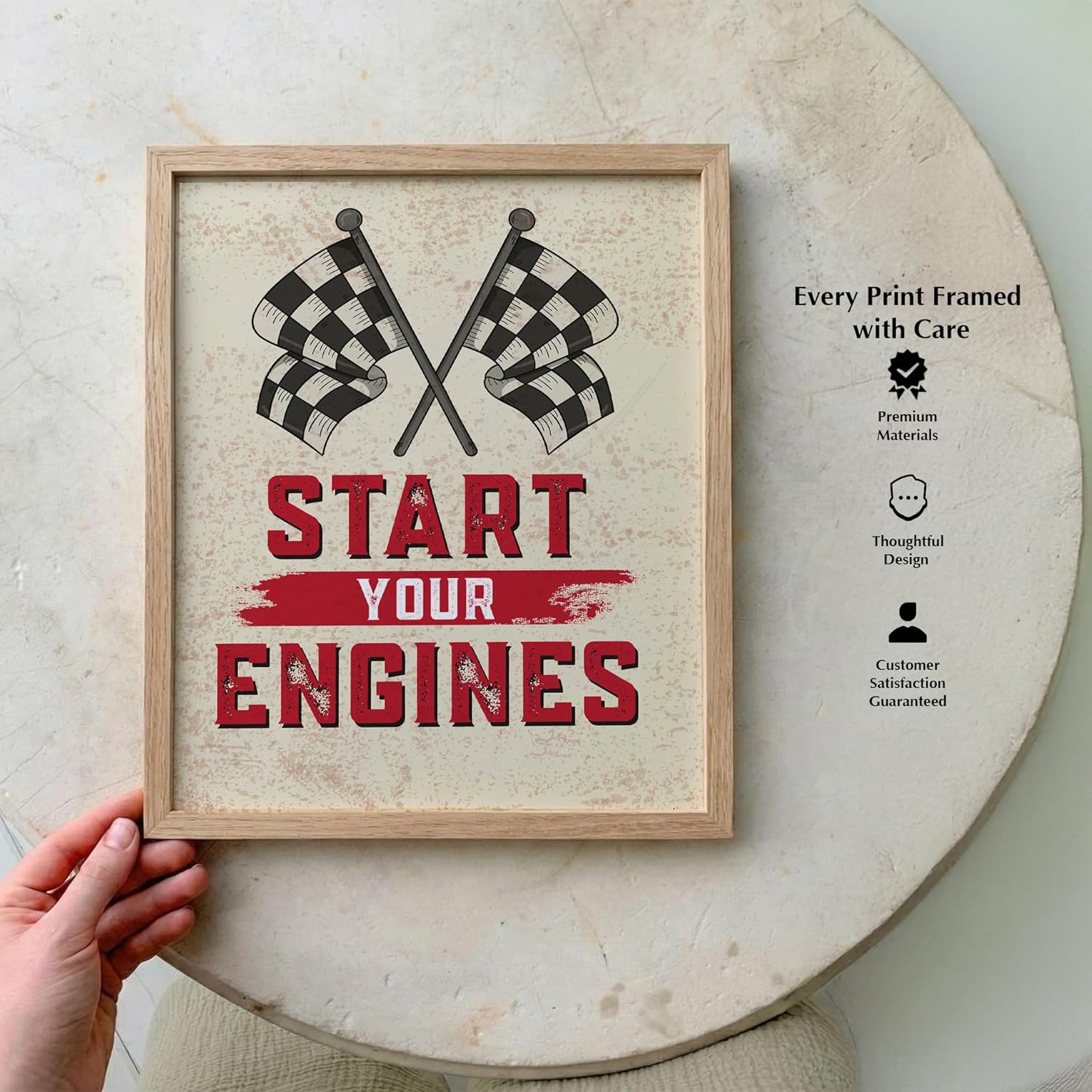 Start Your Engines - Distressed Garage Wall Decor Print for Man Cave Decor, Office, Bar, & Shop - Unframed Garage Poster Print Gift for Race Fans (Natural Framed, 8 x 10 inches)