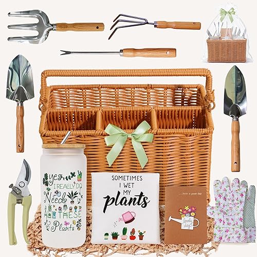 Regalos de jardinería para mujeres, juego de 12 herramientas de jardín con cesta, herramienta de mano de jardinería resistente con mango de madera,