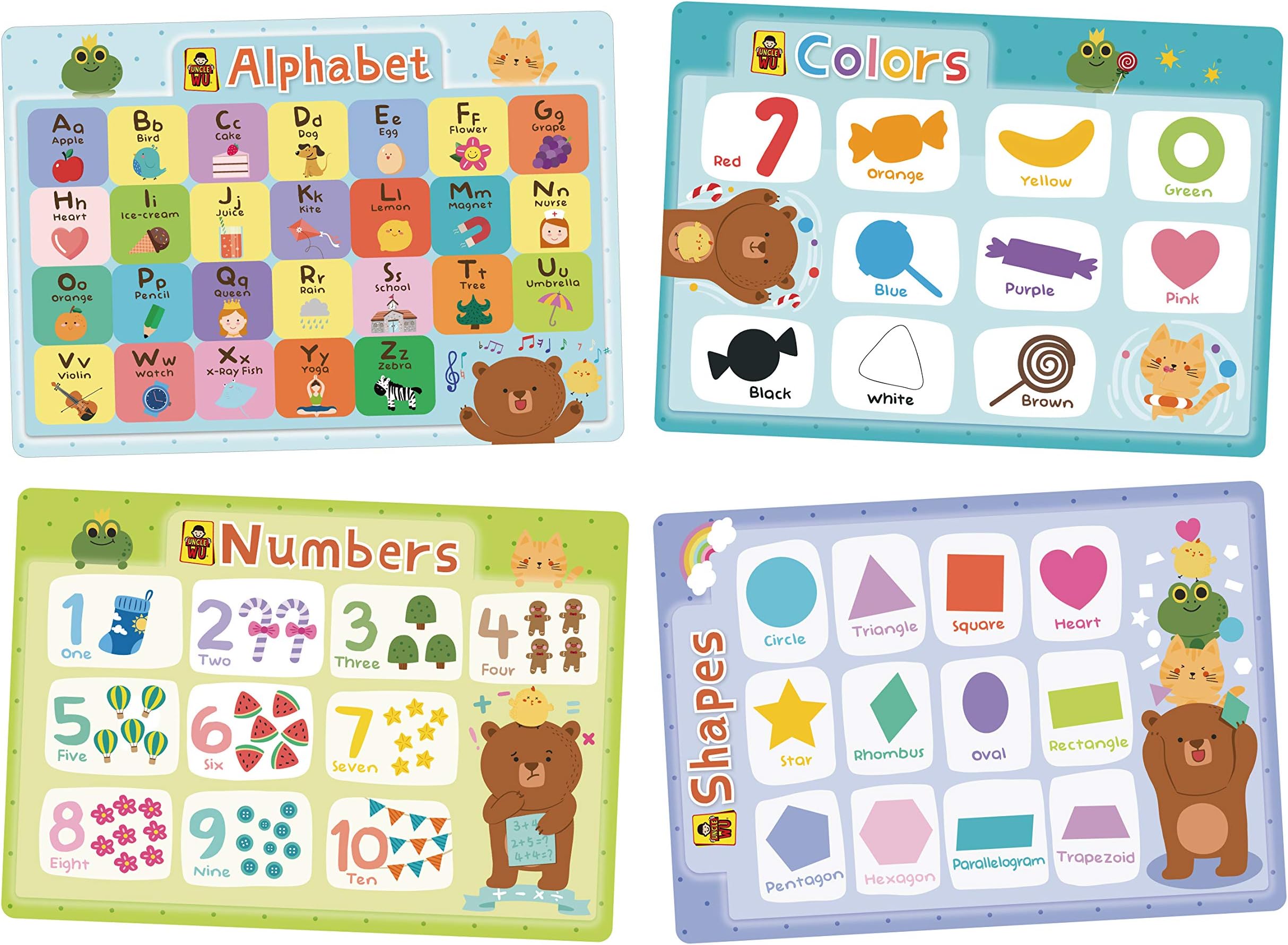 UNCLE WU Kids Placemats - Alphabet & Colors &Numbers &Shapes -Early Childhood Education Materials Preschool -16 x 12 inch Waterproof Poster