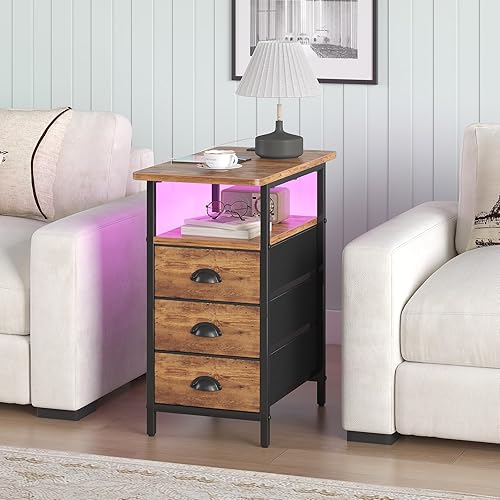 Miniatura 2 de Mesa auxiliar con estación de carga, mesas auxiliares LED con puertos USB y tomacorrientes, mesitas de noche estrechas con 3 cajones de tela para