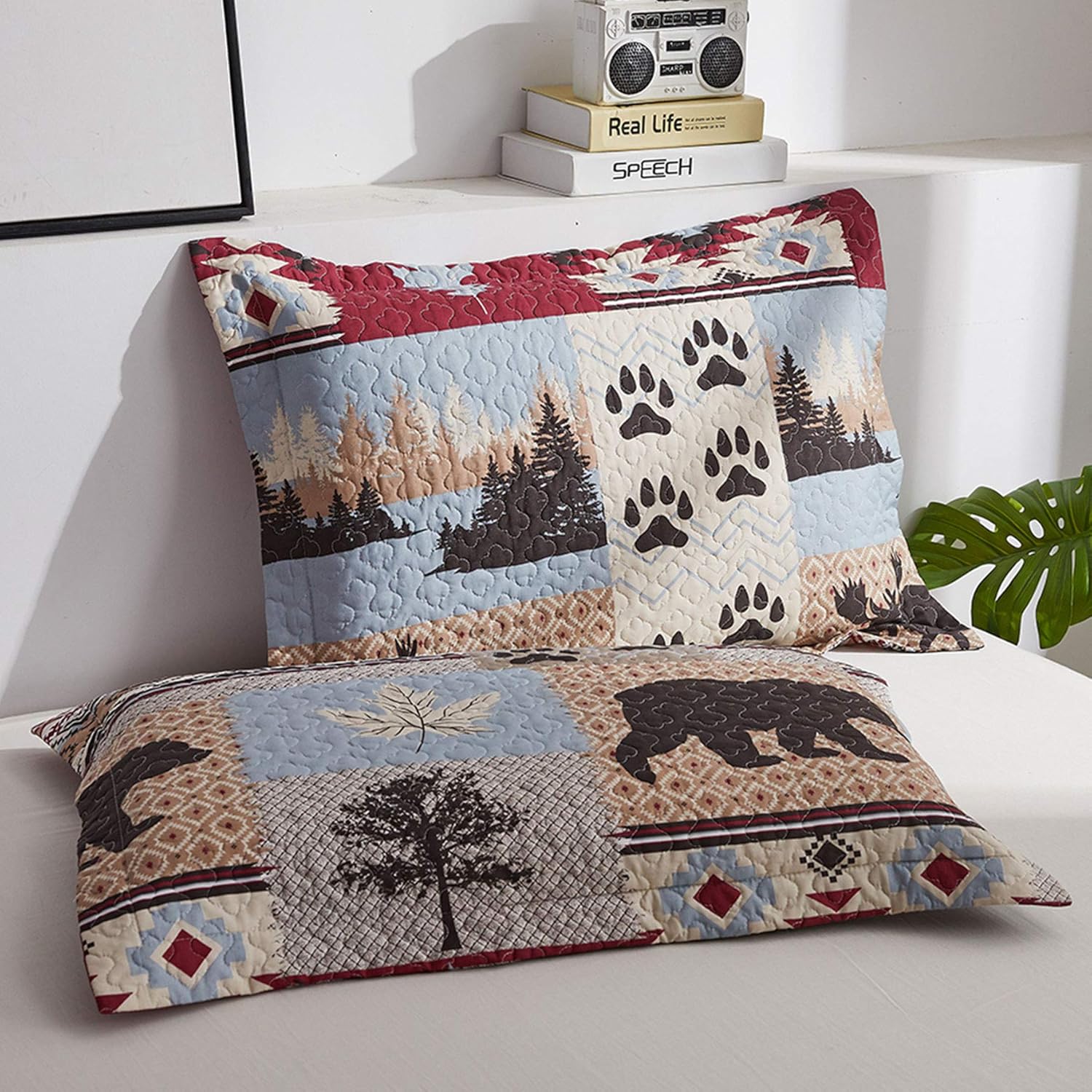 Oliven Rustic Cabin Summer Moose Bear Quilts Full/Queen Size Lodge Bedspread Bear Paw Pine Tree Maple Leaves Bed Cover Soft Polyester Woodland Coverlet Set with 2 Standard Pillow Shams - Image 4