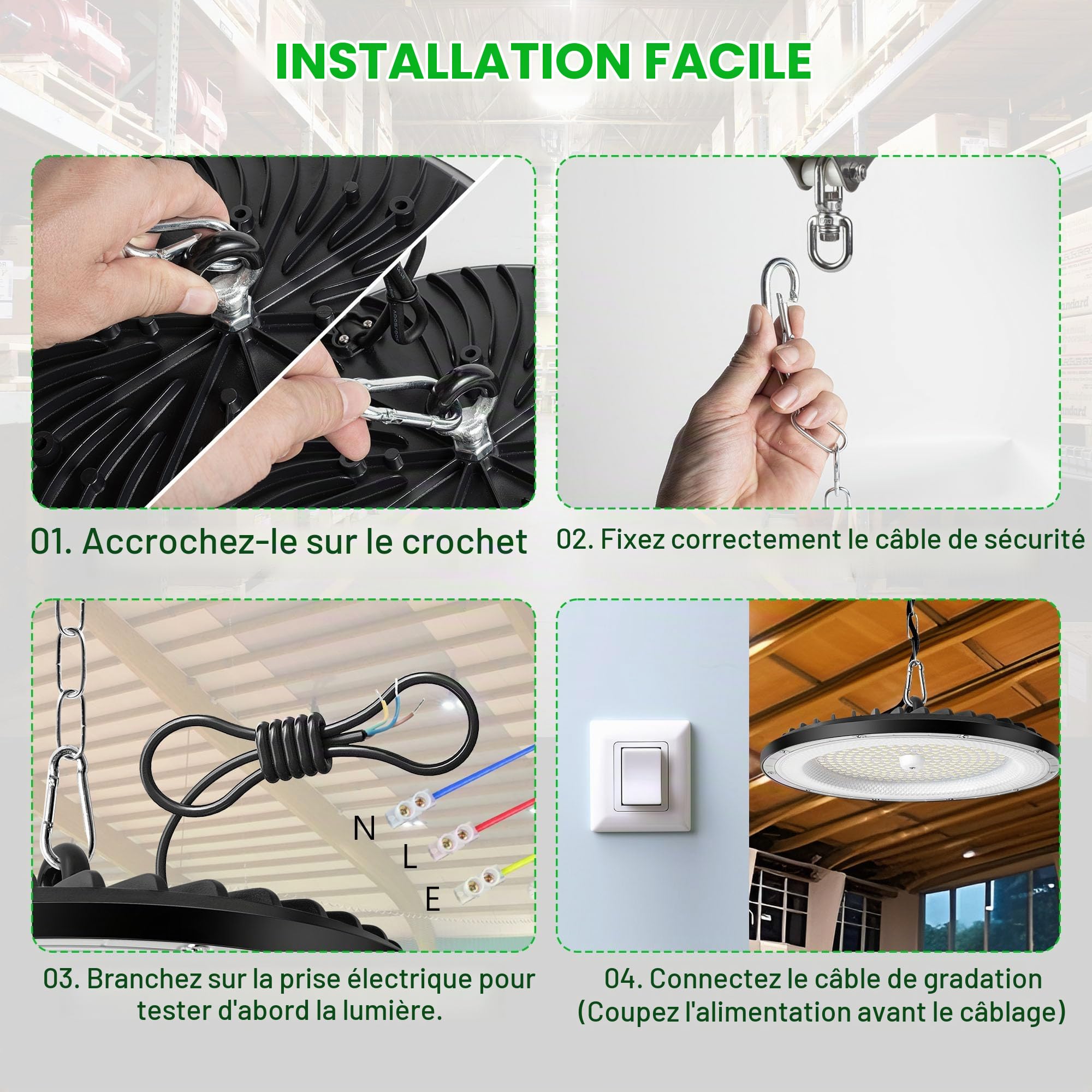 4 Pièces Lampe Eclairage Atelier 150W, 22500LM UFO Eclairage Plafonnier LED Garage avec Chaine, 6000K Projecteur LED Intérieur, IP65 Étanche Éclairage de Plafond pour Garage, Entrepôt, Gymnase