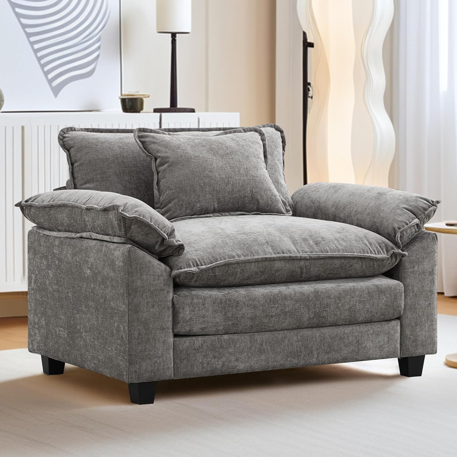 URRED Modular Sectional Sofa Comfy Cloud Couch, Modern Chenille Sofa Sleeper Deep Seat Couches with Ottoman/Pillows for Living Room (Gray, 53'')