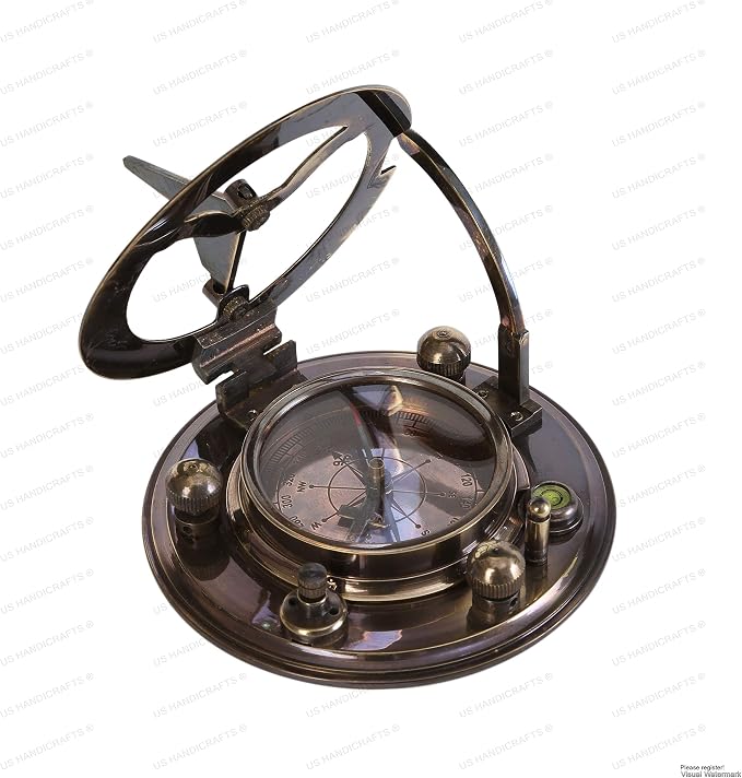 Brújula de Latón Vintage con Reloj Solar y Estuche de Madera miniatura 5