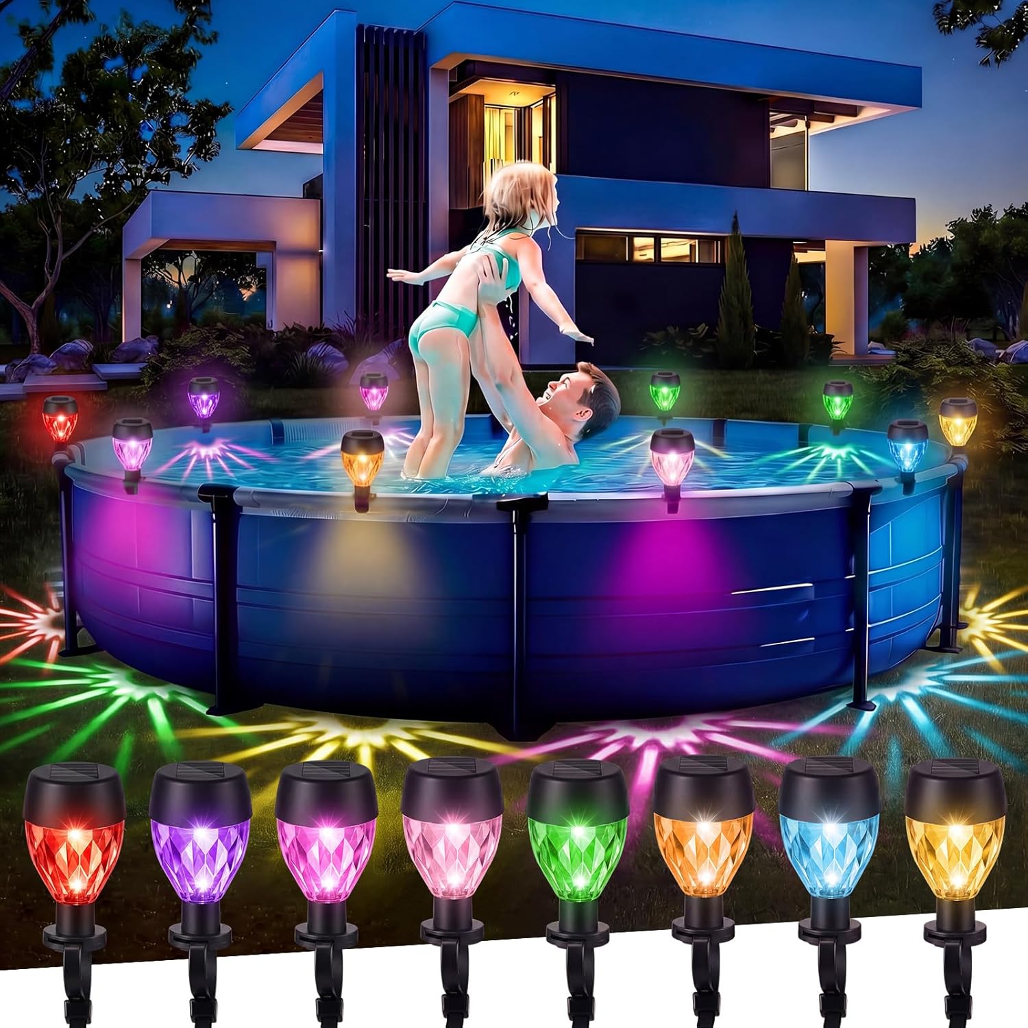 Glooglitter 8 Pcs Pool Solar Lights for Framed Above Ground Pools Waterproof Solar Light Outdoor Swimming Pool Fence Decorations Pools Accessories Colorful Light