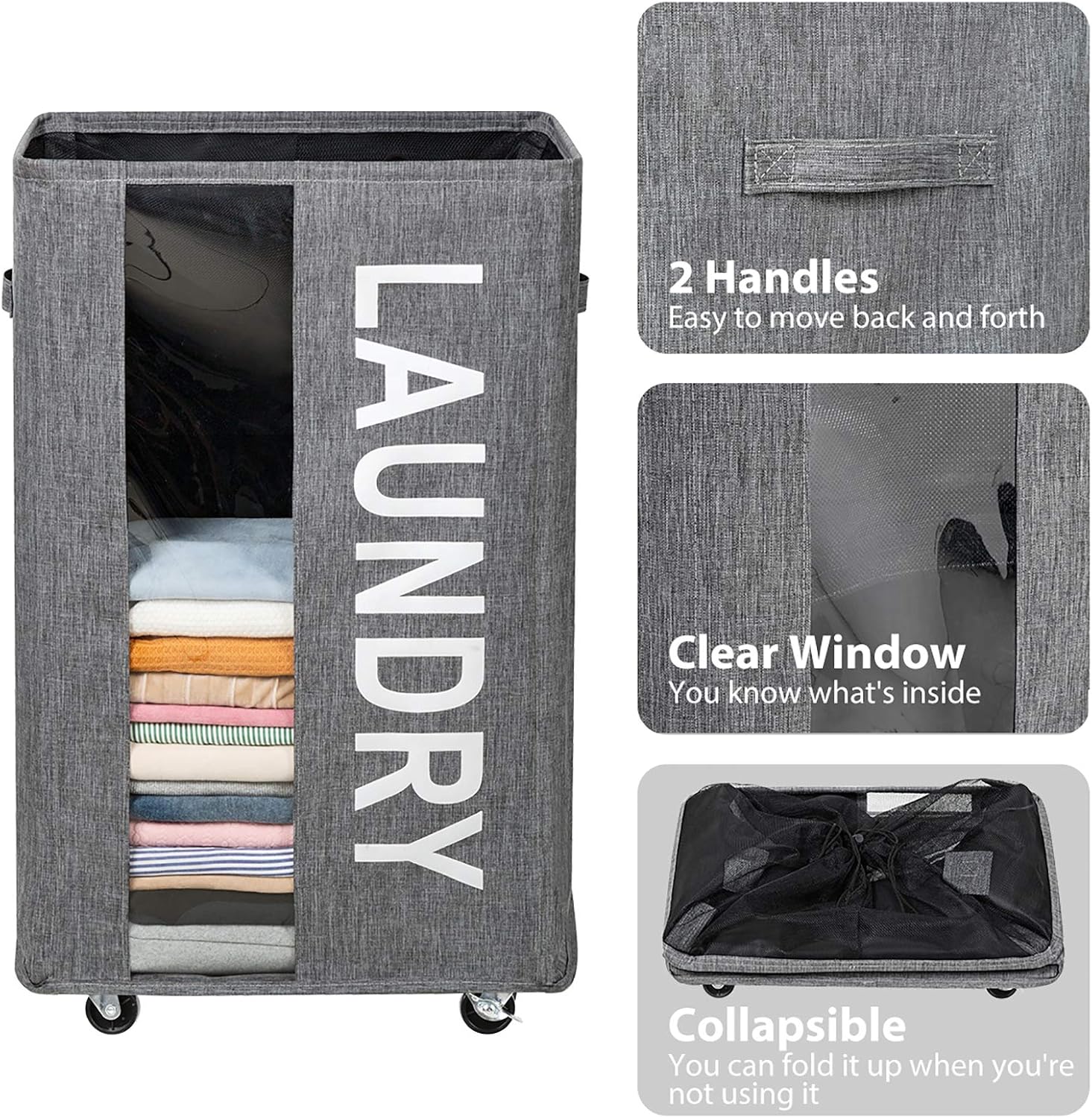 ZERO JET LAG 90L Extra Large Laundry Basket Hamper on Wheels Clear Window Tall Laundry Hamper Handles Collapsible Dirty Clothes Hamper Organizer Rolling Storage Bins Bathroom Bedroom (Dark Grey)