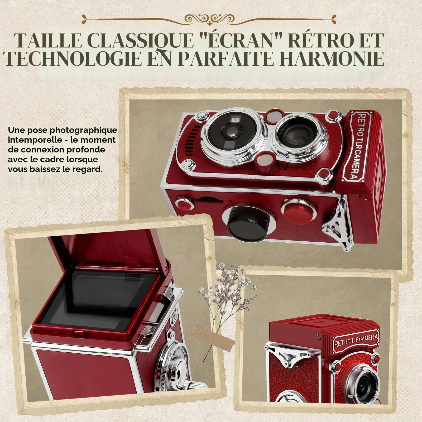 Mini appareil photo numérique rétro, résolution d'image 48 MP vintage à manivelle avec carte mémoire de 32 Go, écran de 1,54", vision nocturne 1080p, pour débutants, adultes et adolescents (rouge)