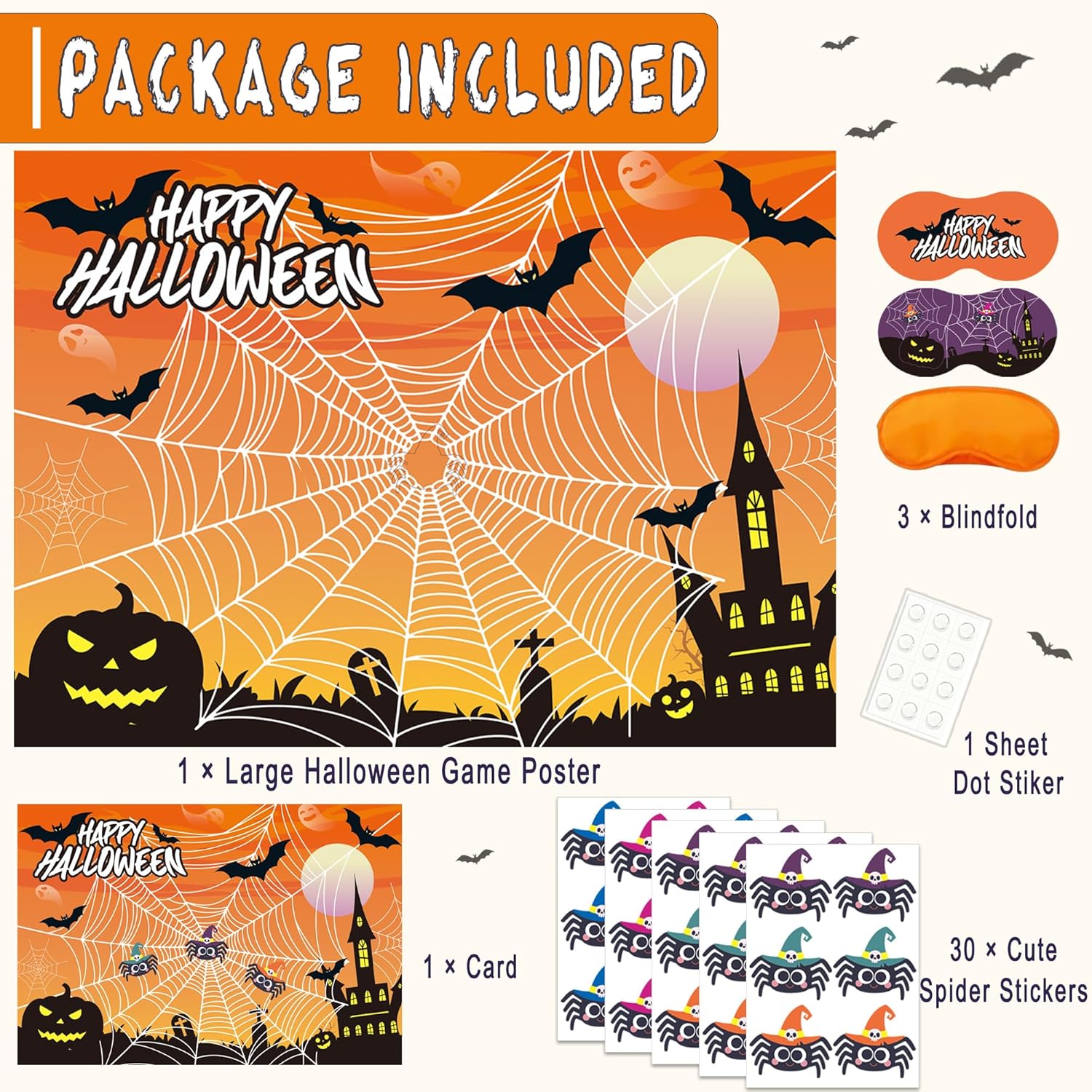 Halloween Party Games for Kids, Pin The Spider on The Web Game with 30 Pcs Spider Stickers for Boys Girls Halloween Classroom Party Favors Activities Party Decorations