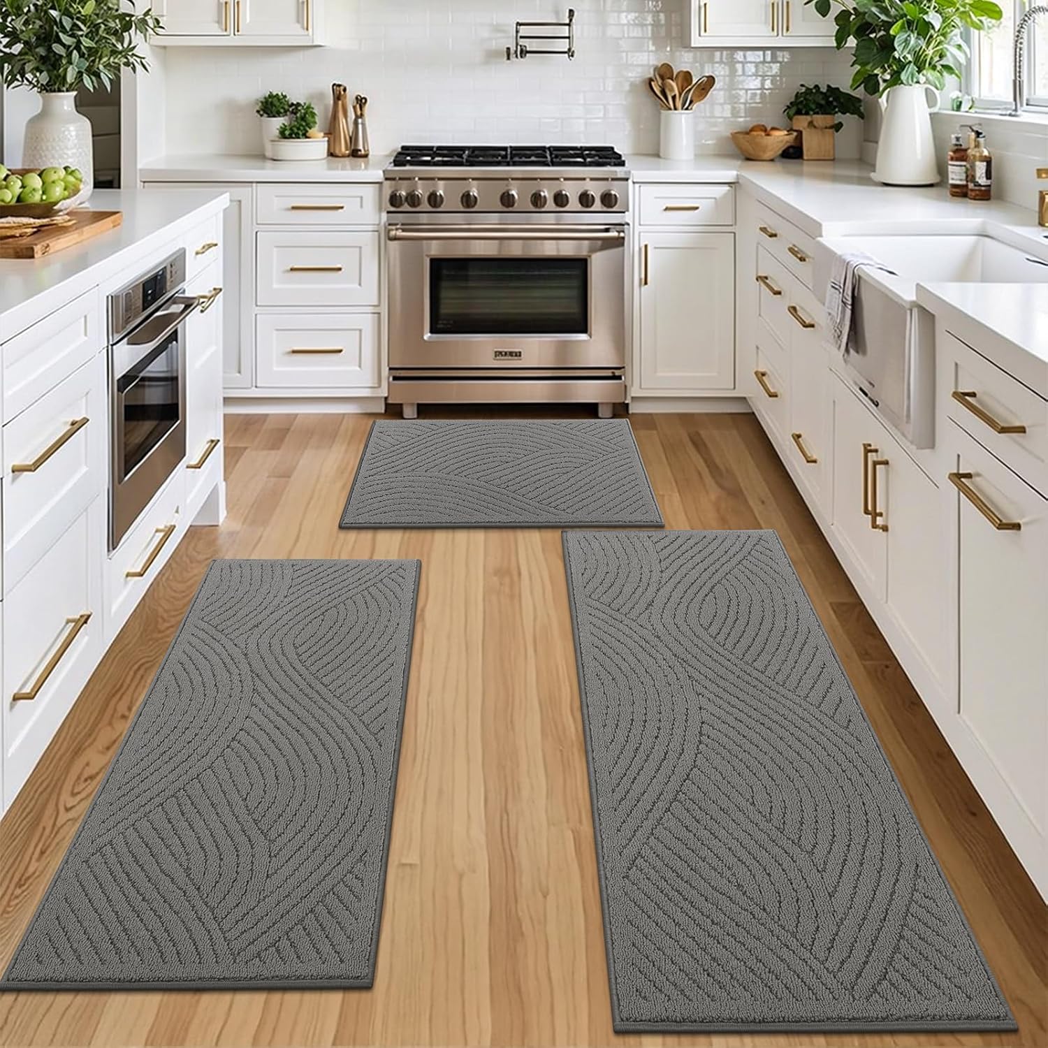 SHACOS Kitchen Rugs Sets of 3 Non Slip Washable Polypropylene Low Pile Absorbent Resist Dirt Kitchen Floor Mat 3 Piece for Entryway, Hallway, Front of Sink (24"x36"+24"x59"+24"x71", Waves Grey)