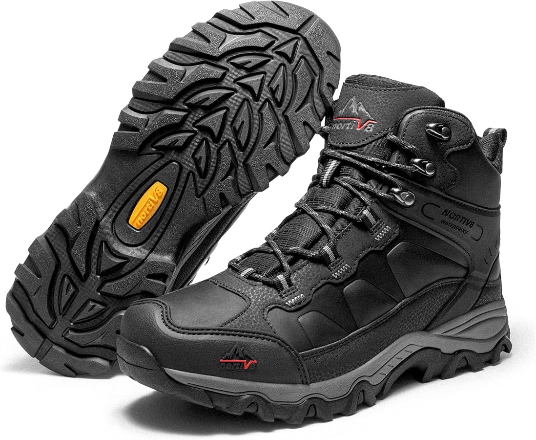 NORTIV 8 Men's Leather Waterproof Hiking Boots,Size 7.5,Black
