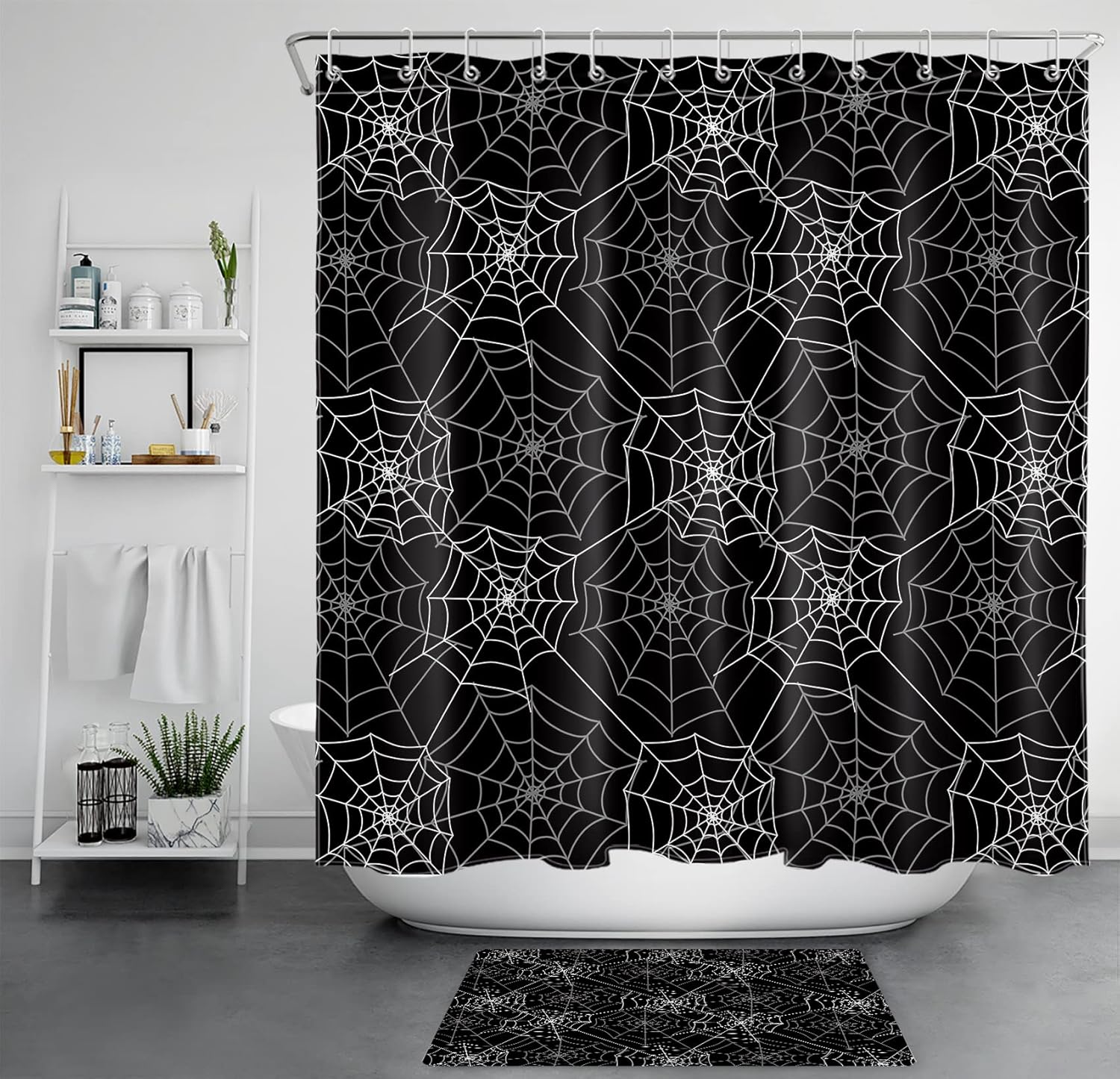 LB Halloween Shower Curtain Sets with Rugs Spider Web Decor Black Grey Fabric Shower Curtain with Hooks Black and White Bathroom Curtains Shower Set, 72x72 inches