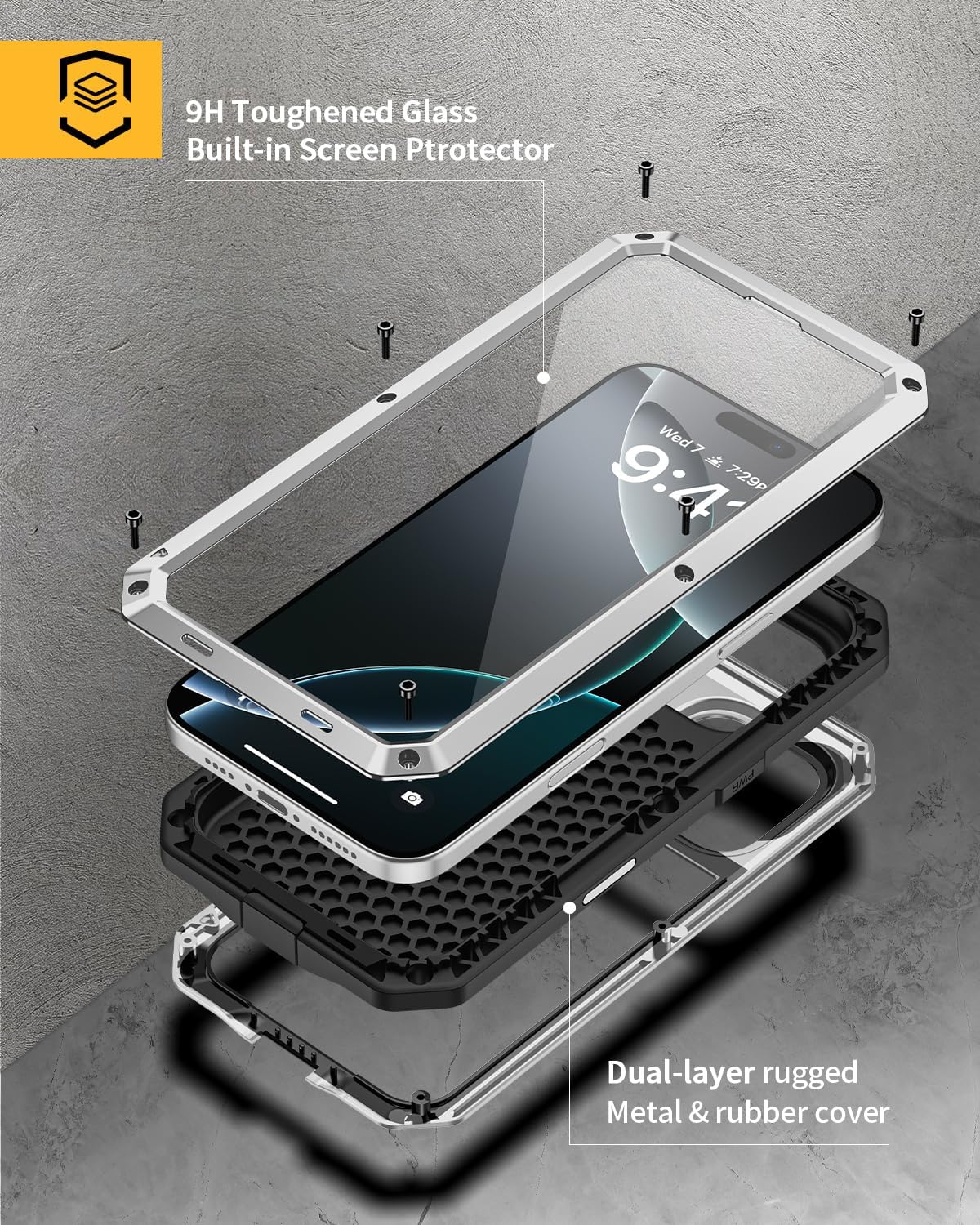 Lanhiem for iPhone 16 Pro Case, Metal Heavy Duty Shockproof Tough Rugged Case with Built-in Glass Screen Protector, 360 Full Body DustProof Strong Protective Phone Cover for iPhone 16 Pro 6.3", Silver