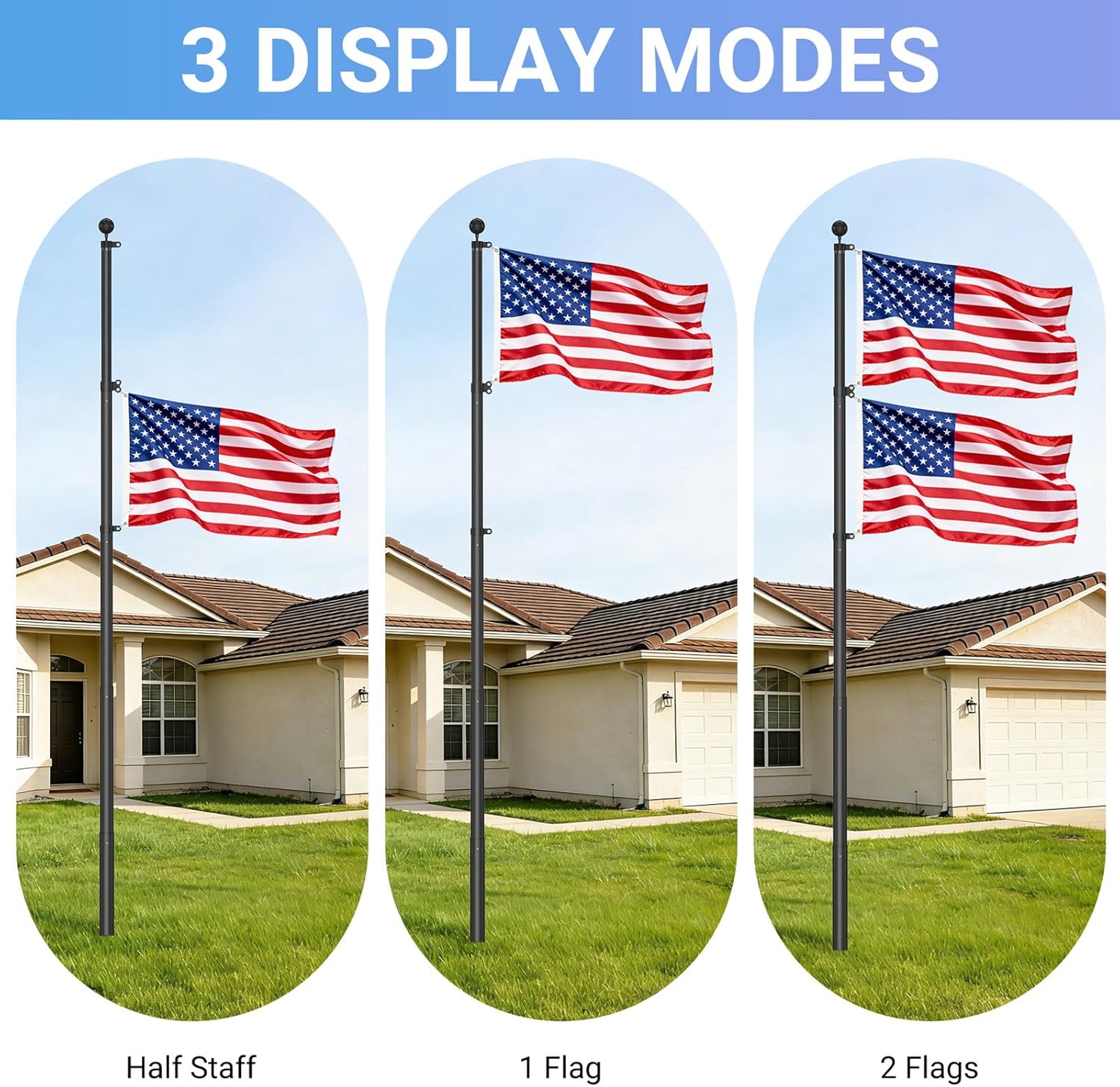Heavy Duty Flag Pole for Outside House, 1.8mm Thickness Telescoping Black Aluminum Flagpole with 3x5 American Flag - Residential & Commercial Use (25FT, Black)