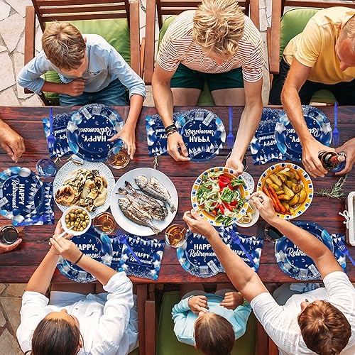 Miniatura 5 de gisgfim Juego de 96 platos y servilletas para fiesta de jubilación, suministros de papel, para fiesta de jubilación, color azul y plateado, regalos