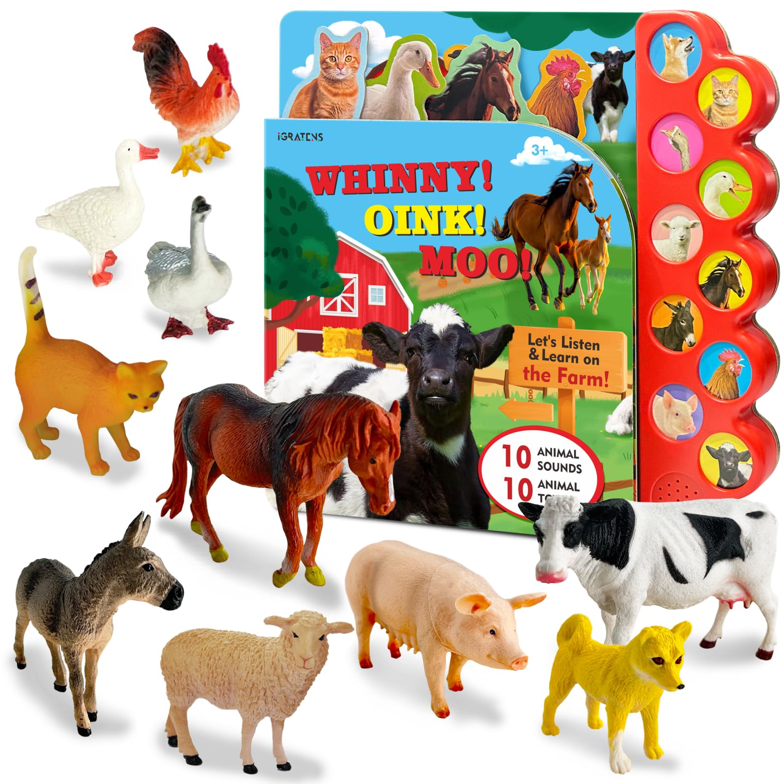 Farm Animals Figures Toys with Sound Books, 10PCS Farm Animals for Toddlers & Animal Sound Books with 10 Buttons, Plastic Animals, Farm Toys for Toddlers 3-5, Animal Lover Gifts for Kids