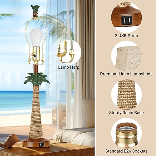 Miniatura 5 de Juego de 2 lámparas de mesa con palmera costera con 2 puertos USB para sala de estar, playa, lámparas náuticas para mesita de noche para dormitorio,
