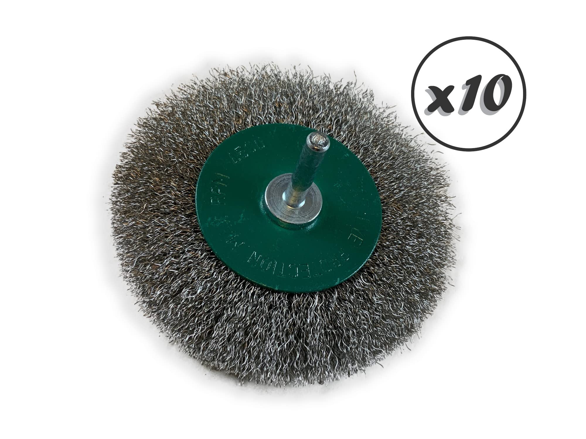 Zestaw 10 metalowych okrągłych szczotek obrotowych na pręcie Ø 100 mm | Drut ze stali nierdzewnej Ø 0,20 mm | Grubość 12 mm | 2 rzędy | Do wiertarki lub wkrętarki z uchwytem | Kibros 26100IV12x10