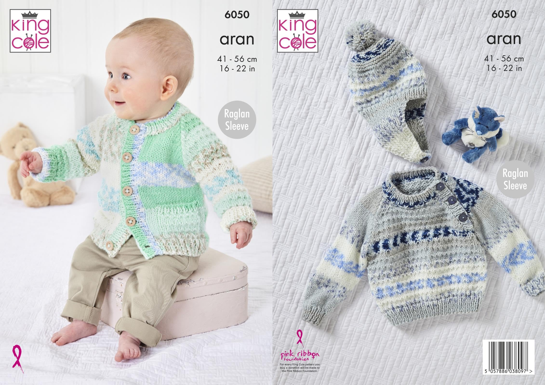 Knitting Pattern Baby Raglan Sleeve Sweater Jacket & Hat King Cole Aran 6050