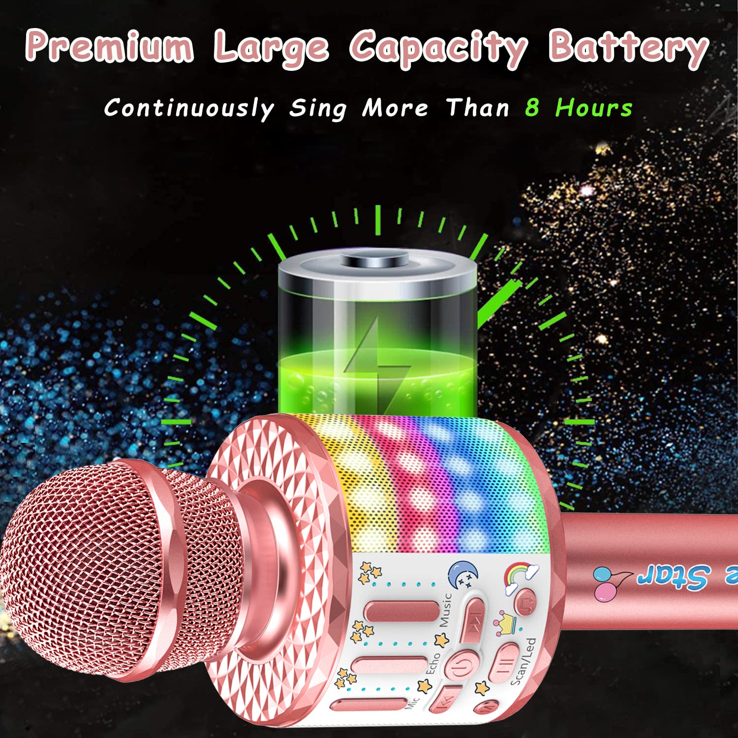 Microphone Karaoké Sans Fil Bluetooth - Enceinte 5W - Effets Vocaux - Selfie - 1800mAh