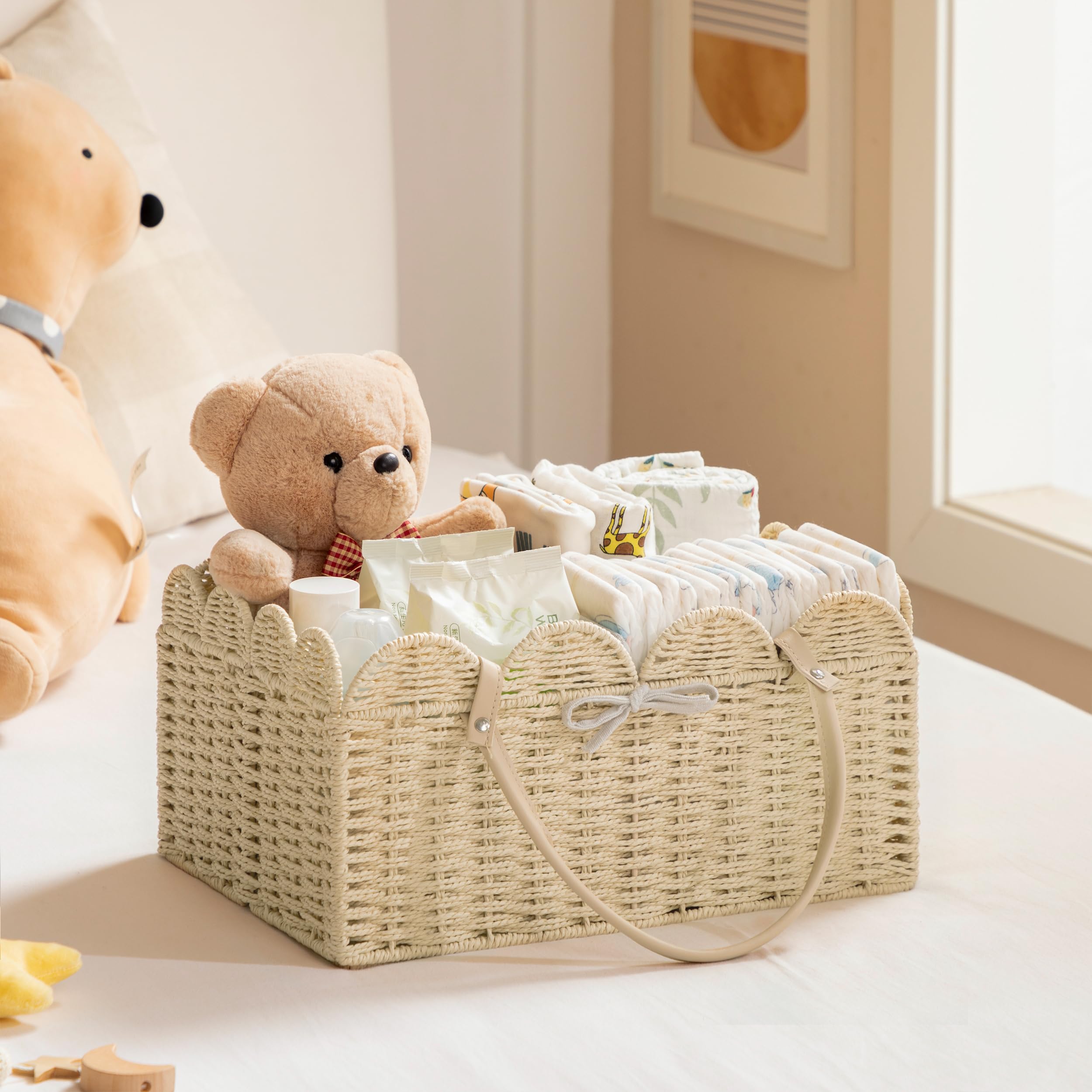 HBlife Organizador de pañales grande para bebé, cestas de almacenamiento de cuerda de papel con divisor extraíble, organizador portátil de coche para pañales, regalos de baby shower, artículos