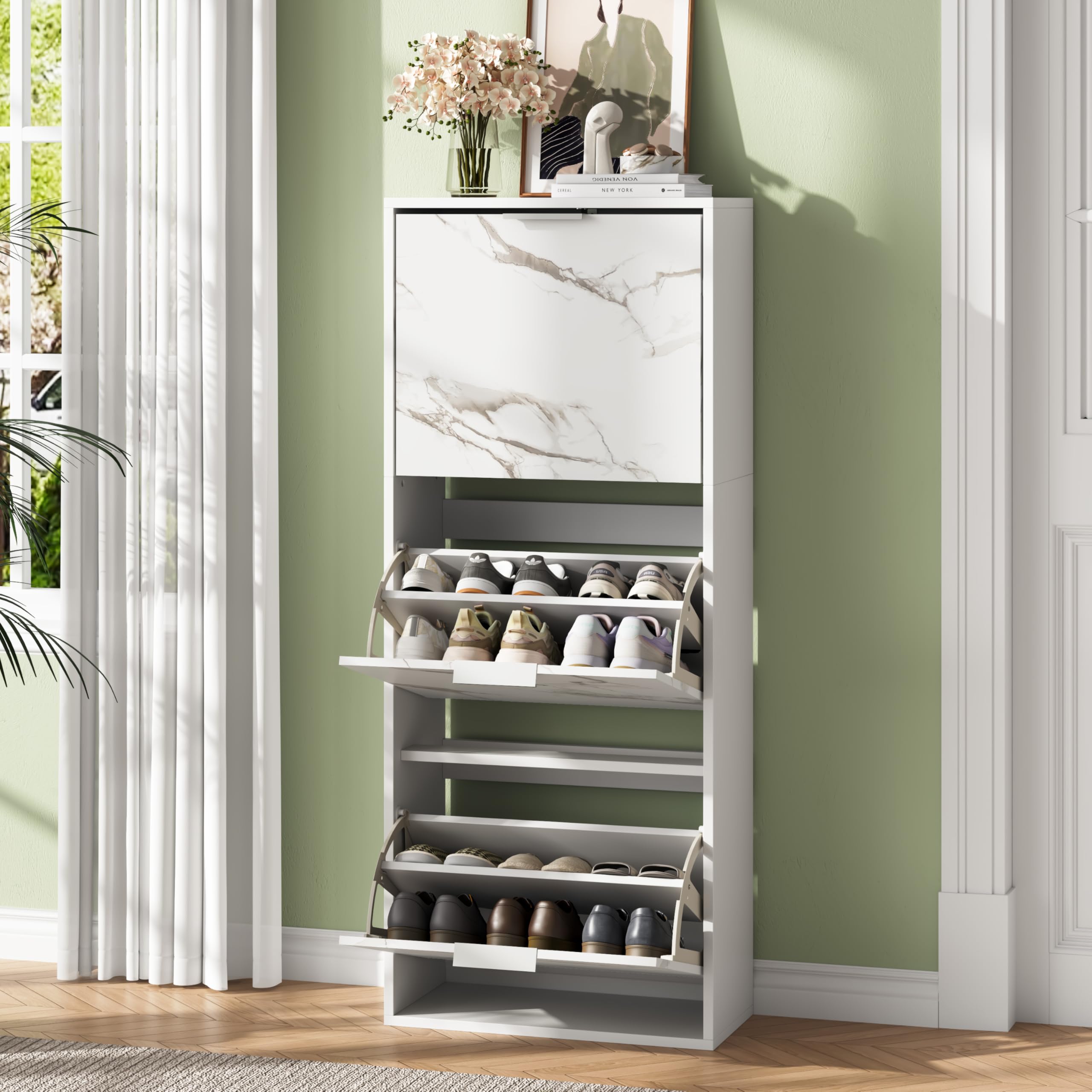 UEV Slim Marble Shoe Cabinet with 3 Flip Drawers, Wall-Mounted Ventilated Storage Unit, Narrow Space-Saving Organizer for Small Hallways and Entreway
