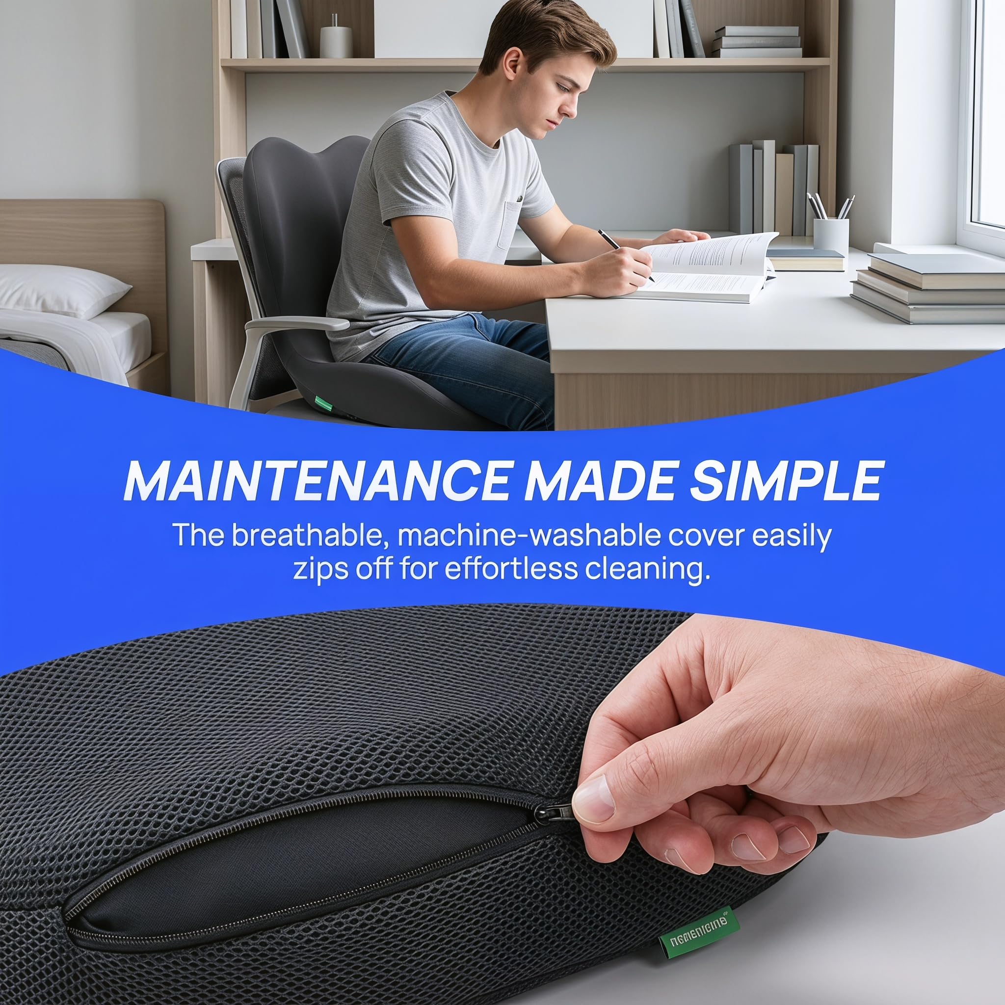 Esenlong Cuscino per schienale e seduta, cuscino integrato a forma di L, supporto lombare in memoria, design integrato per sedia da auto e ufficio, design ergonomico di protezione del coccige (grigio