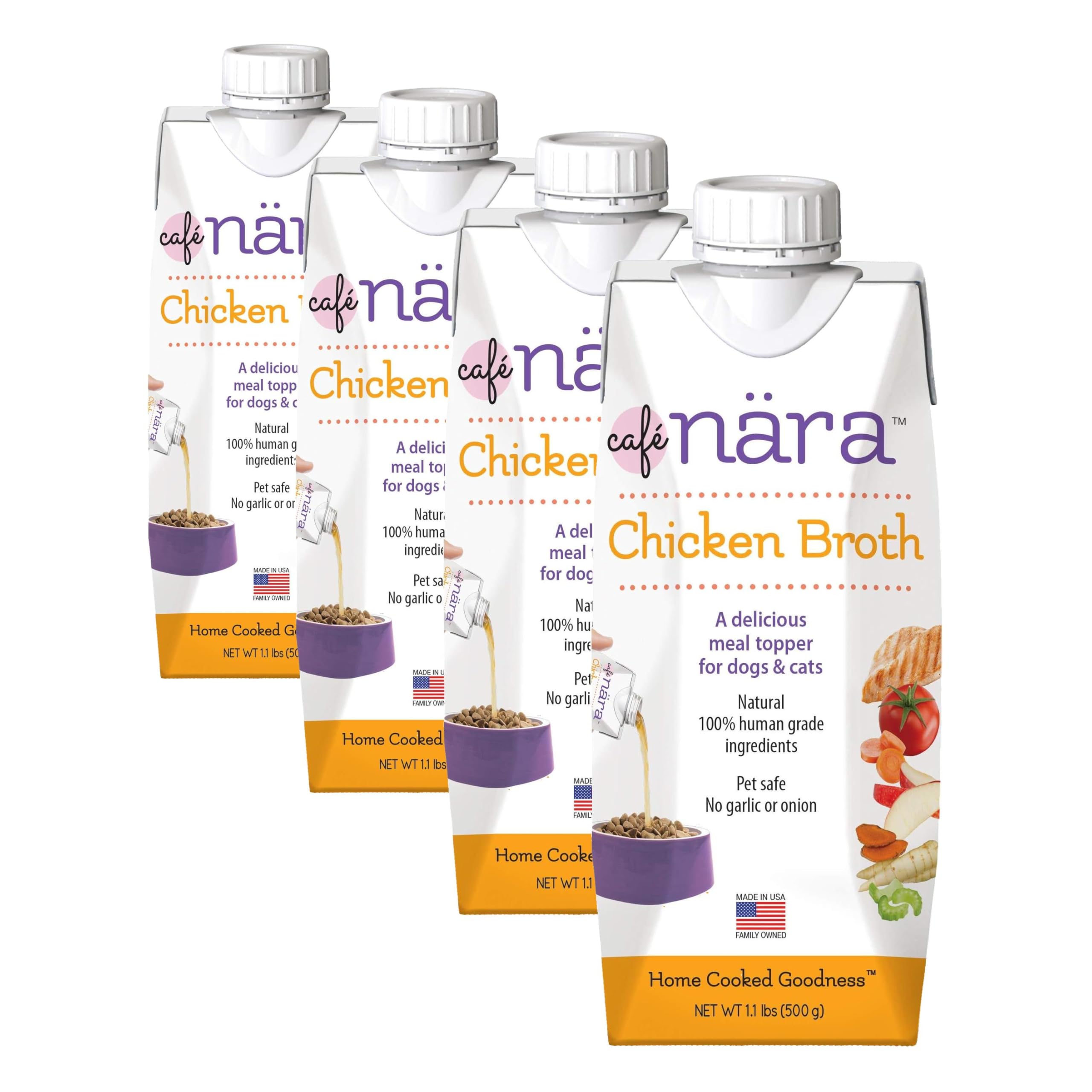 Cafe Nara - Chicken Broth - Meal Topper for Dogs &amp; Cats - Supports Overall Pet Health - Pour-Over Broth for Wet/Dry Food - Human Grade Ingredients - Non-GMO - Made in USA - 17.6 oz,(Pack of 4)