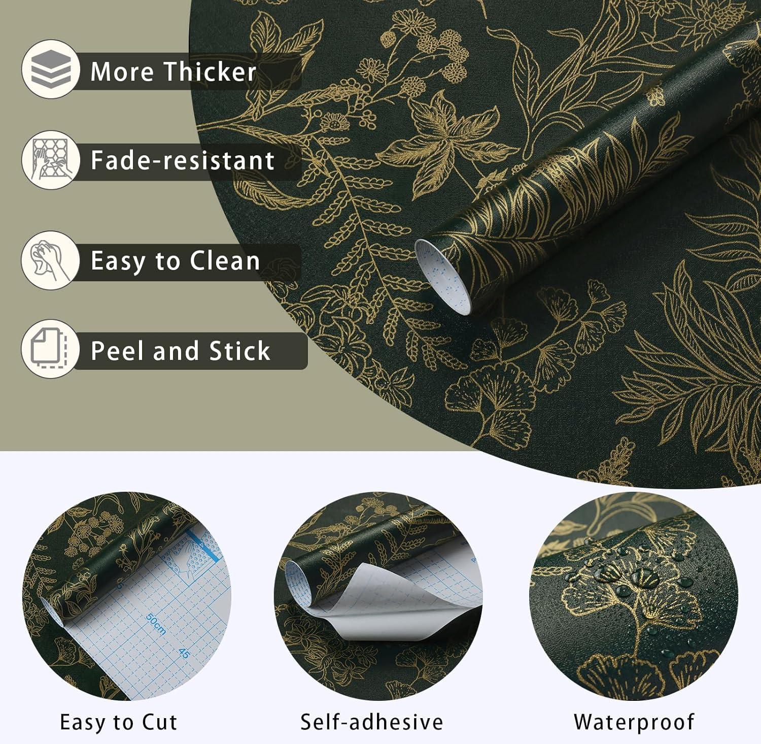 Peel and Stick Wallpaper Dark Green and Gold Floral Wallpaper Vintage Flower and Leaf Contact Paper for Cabinets Self-Adhesive Removable Wallpaper for Bedroom Bathroom Kitchen 394"x17.3"