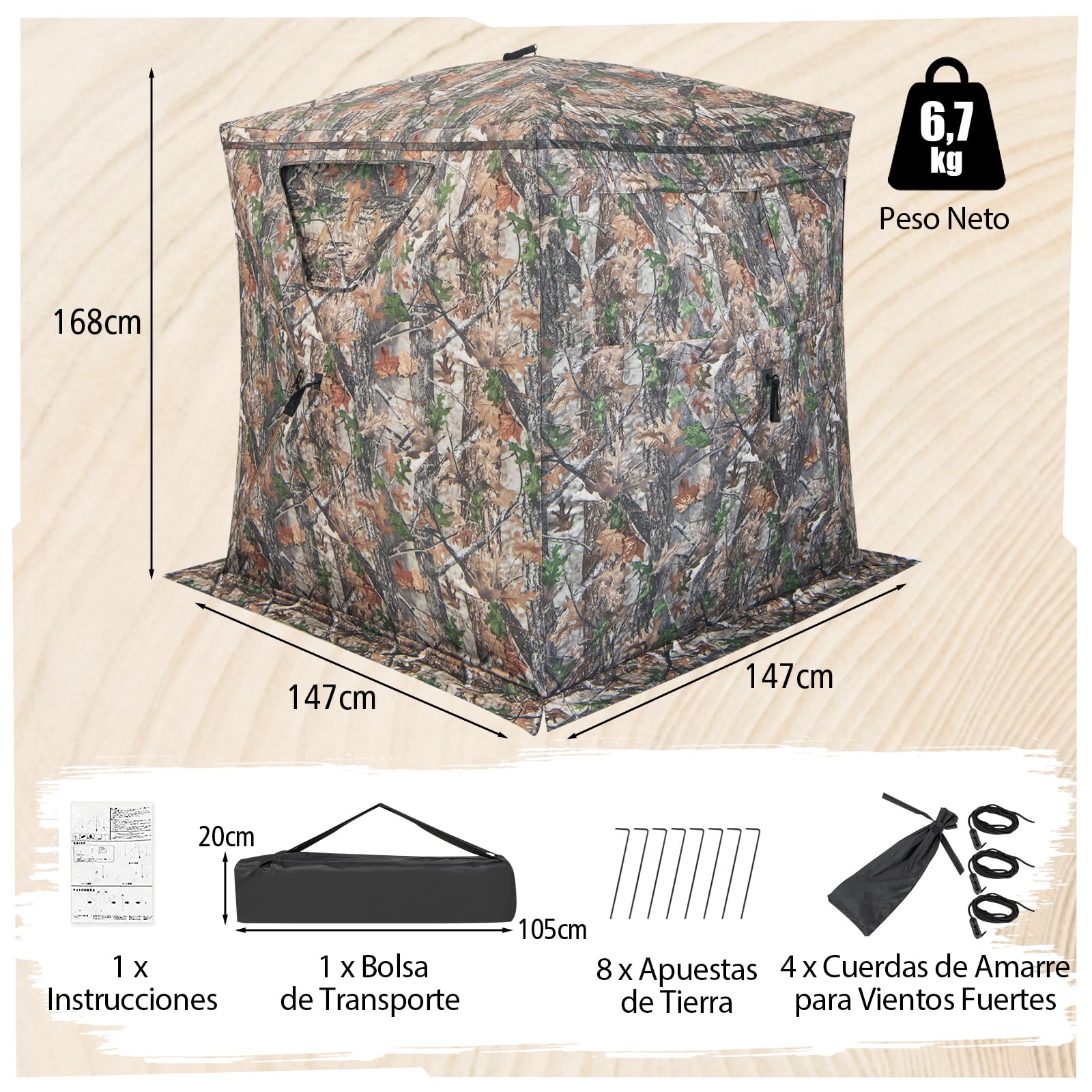 GYMAX Tienda de campaña de caza transparente de 270°, para 2-3 personas, con bolsa de almacenamiento, ventana y ventana deslizante silenciosa, para ciervos y pavos