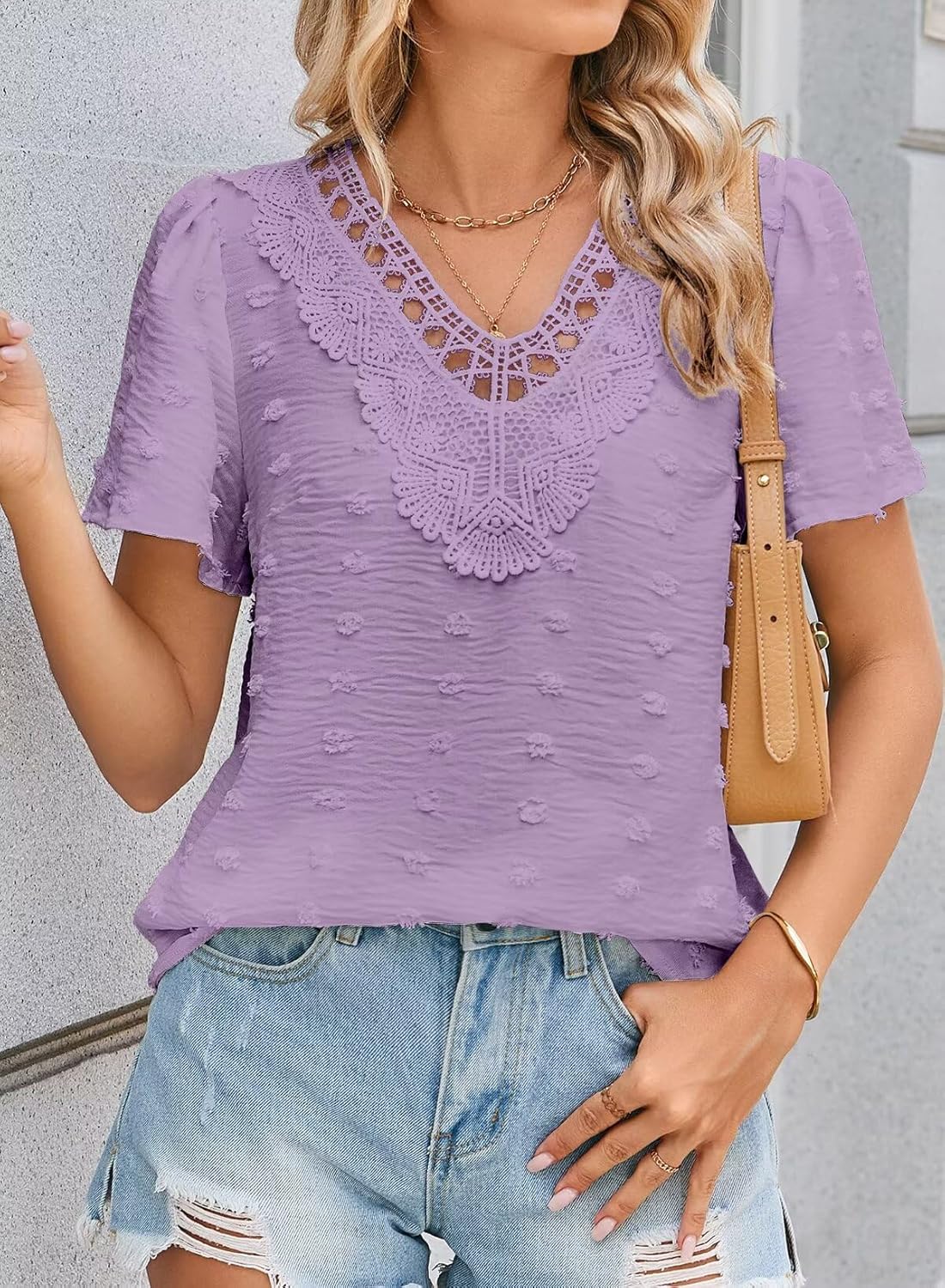 Summer Tops For Women 2026 Boho Swiss Dot Blouses Short Sleeve Shirts Flowy V Neck Casual Peasant Lace Hem Clothing - Image 4