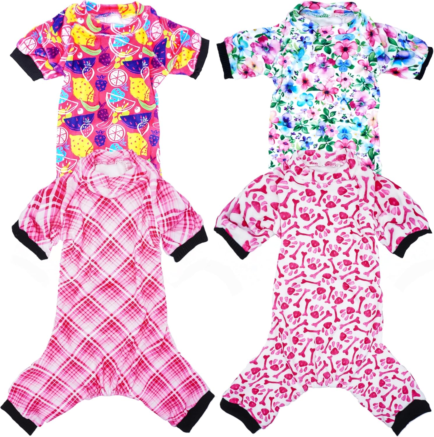 PET SHOW 4 Pack Small Dog Pajamas Cute Paw Bone Clothes for Medium Dogs Soft Stretchy PJs Plaid Jumpsuit Puppy Cats Floral Fruits Onesies Outfits with Sleeve Pets Dachshund Costume(S, Pink for Girls)