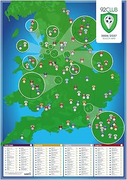 Football Ground Map 92 Club - Football Stadium A1 Wall Poster Folded to A4, multicoloured