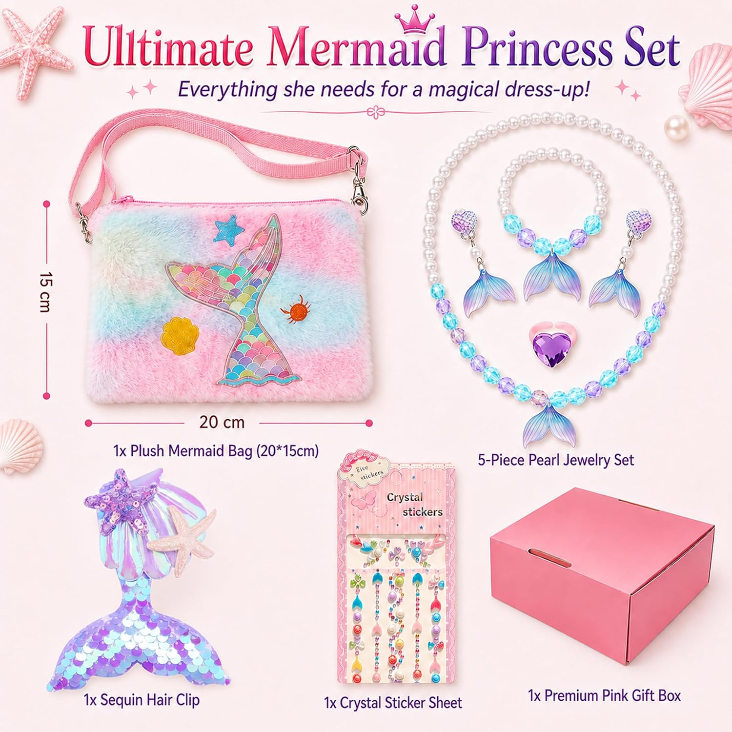 Mermaid Accessories for Girls, Mermaid Dress Up Accessories Set with Purse, Jewelry, Mirror Comb and Stickers, Princess Pretend Play Accessories for Birthday Party, Mermaid Gift for Girls Ages 3-12