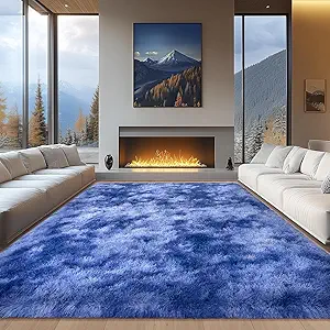 Living Room Rug 9x12, Soft Extra Large Tie Dye Blue Fluffy Shag Rug for Boys Bedroom, Non-Slip Modern Indoor Fuzzy Big Plush Rugs for Kids Room, Dorm, Home Decor