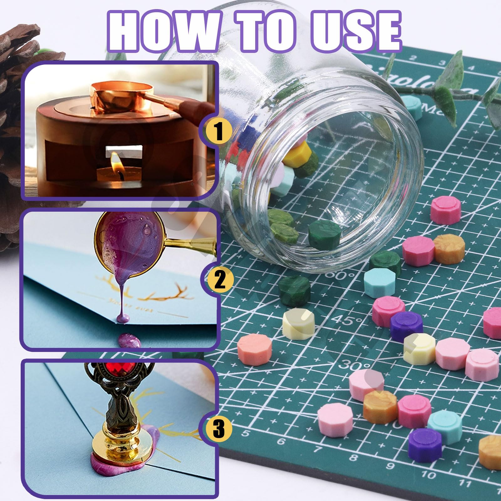 Swpeet 1200 juegos de cuentas de cera selladas de 24 colores y 8 mm, cuentas de cera selladas octogonales son ideales para sellos de cera, tarjetas, invitaciones de bodas y envases de regalos