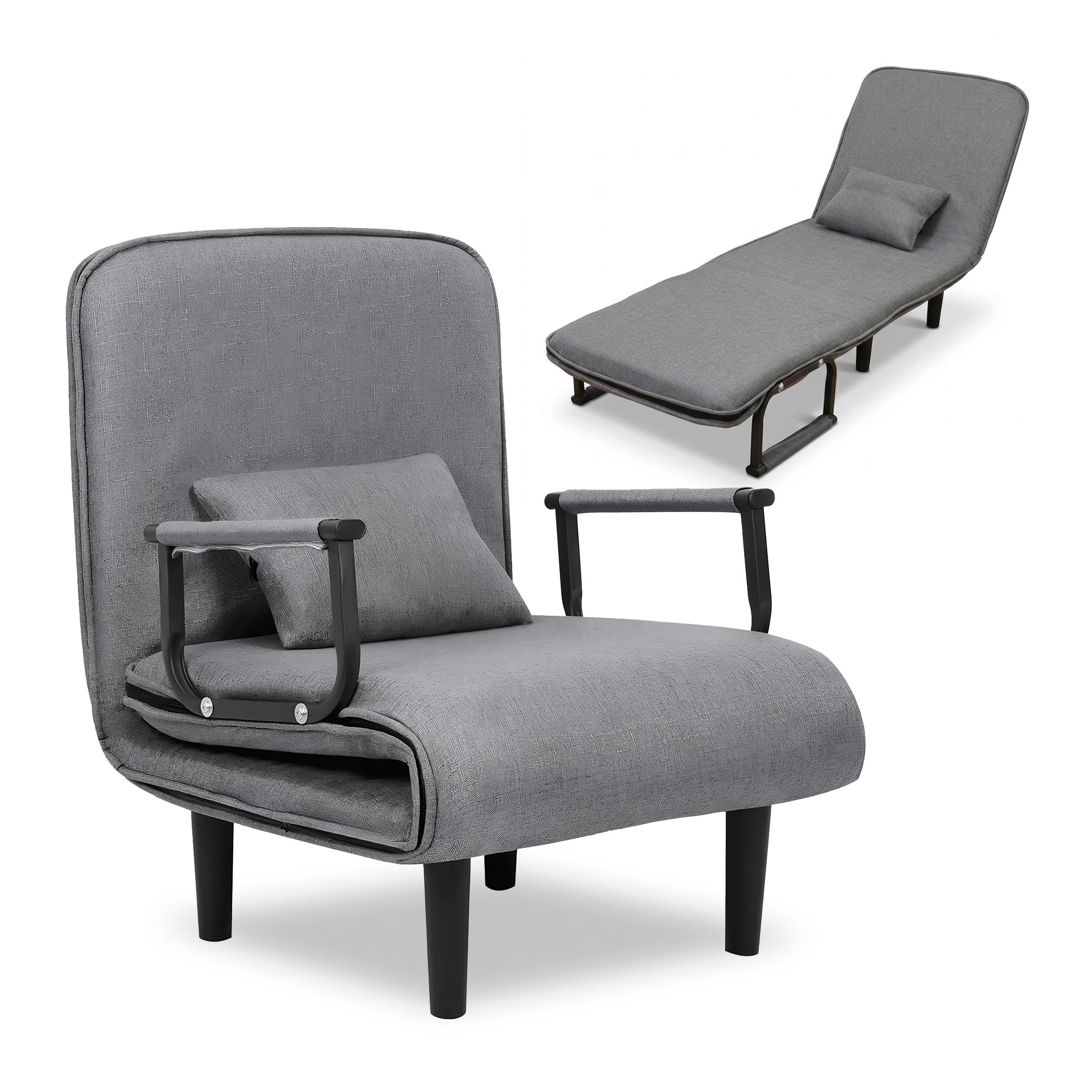 Unicview Sillón Sofá Cama Convertible 3 en 1, Sofá Reclinable, Sofá Individual Que se Convierte en Cama 190 cm Largo 65 cm Ancho, con Reposabrazos y Cojín, Ideal para Salón o Invitados, Gris