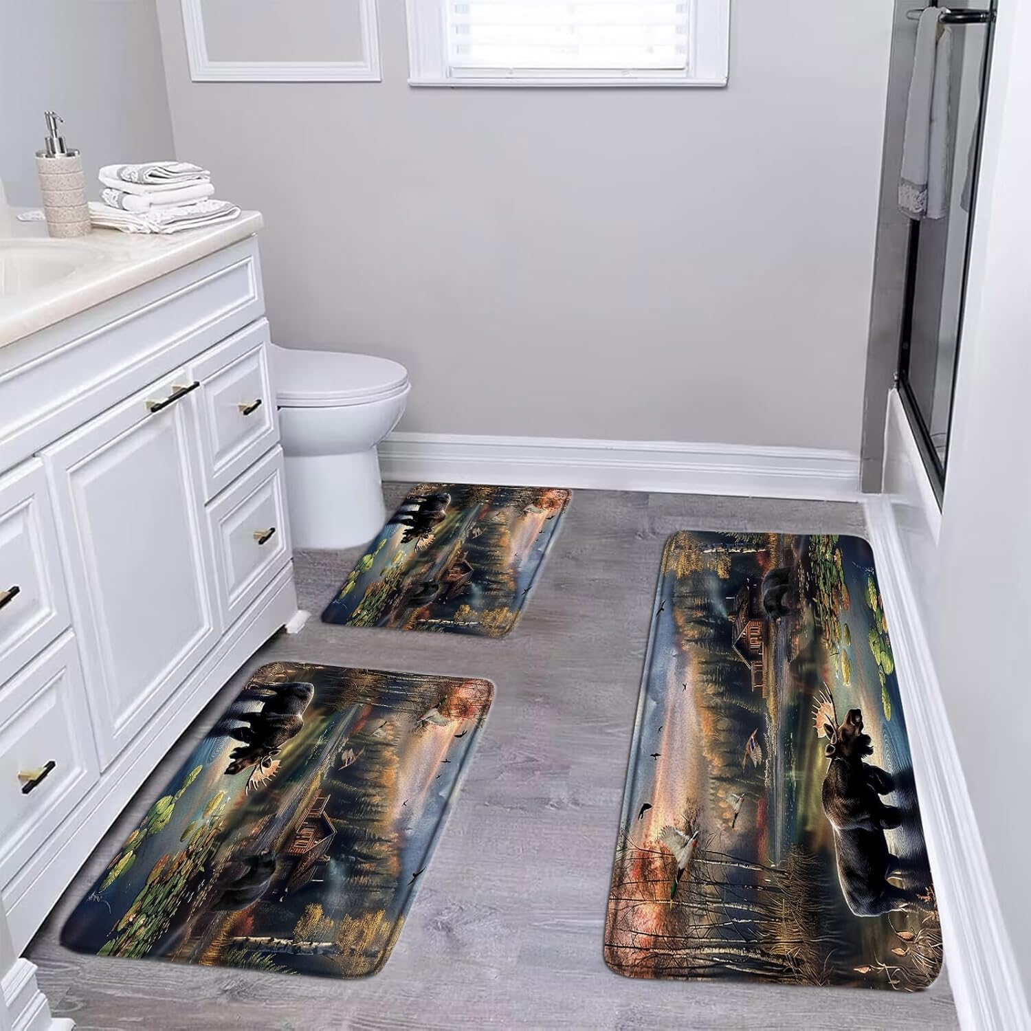 Rustic Cabin 3 Pieces Kitchen Rug Sets,Forest Wildlife Bear Deer Moose Lake Tree Animal Farmhouse Country Brown Bathroom Runner Mats for Floor,18x30 in and 18x48 in and 18x60 in