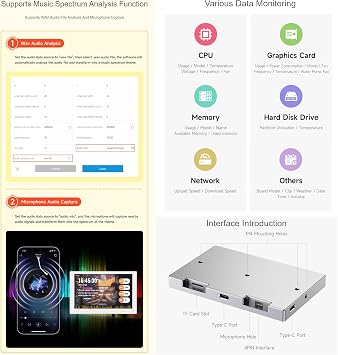 TUOPUONE 8 Inch USB Monitor, AIO LCD Screen, 1280x800 Resolution, PC Case Secondary Screen/Desktop RGB Ambient Screen, IPS Panel, with Music Spectrum Analysis Function, Type-C Interface, Silver