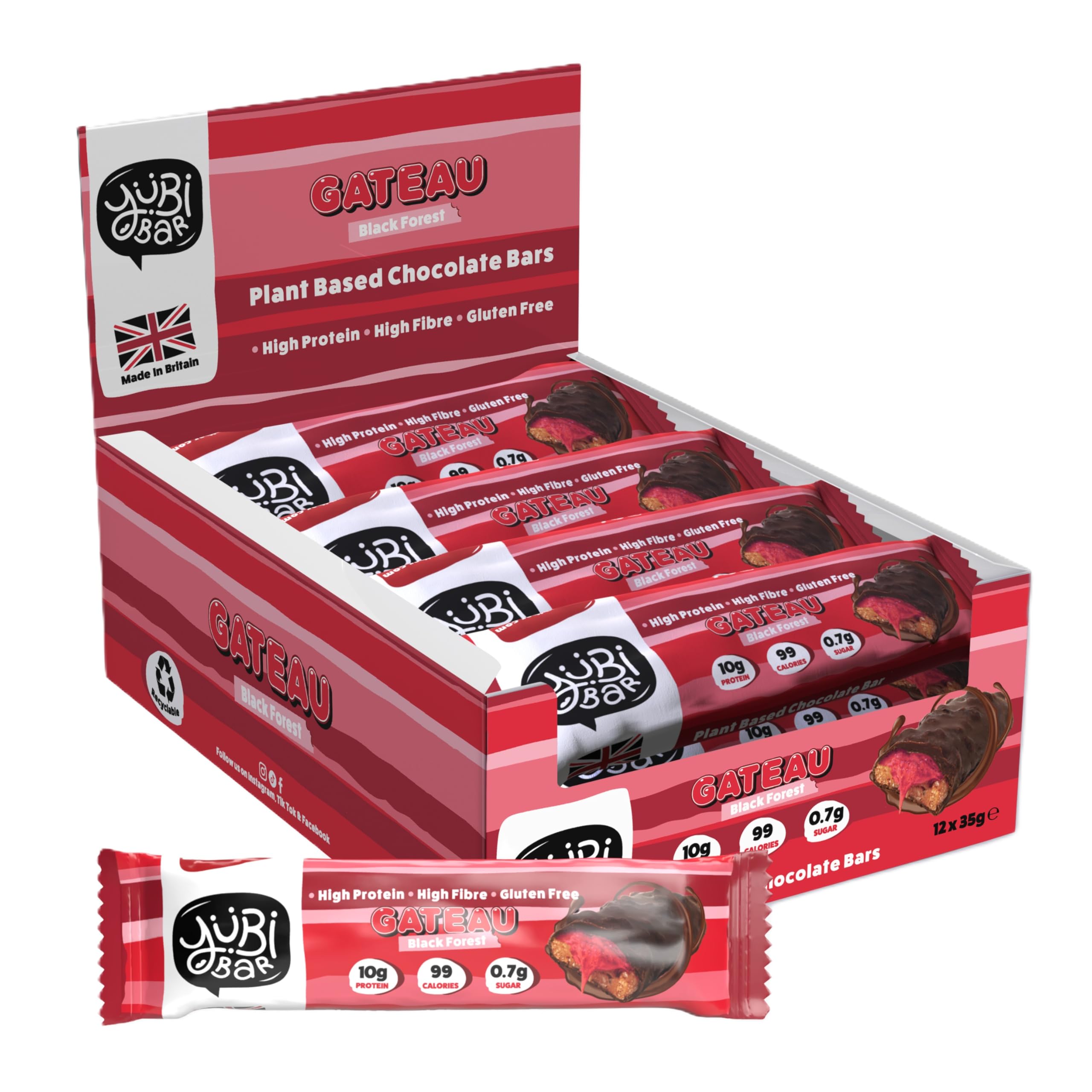 YuBi Gateau - 12 Pack - Protein Bars - 99 Calories, High Protein, High Fibre, Low Sugar, Gluten Free and Dairy Free - Healthy Snacks/Nutrition Bar - Chocolate Bars - 420g