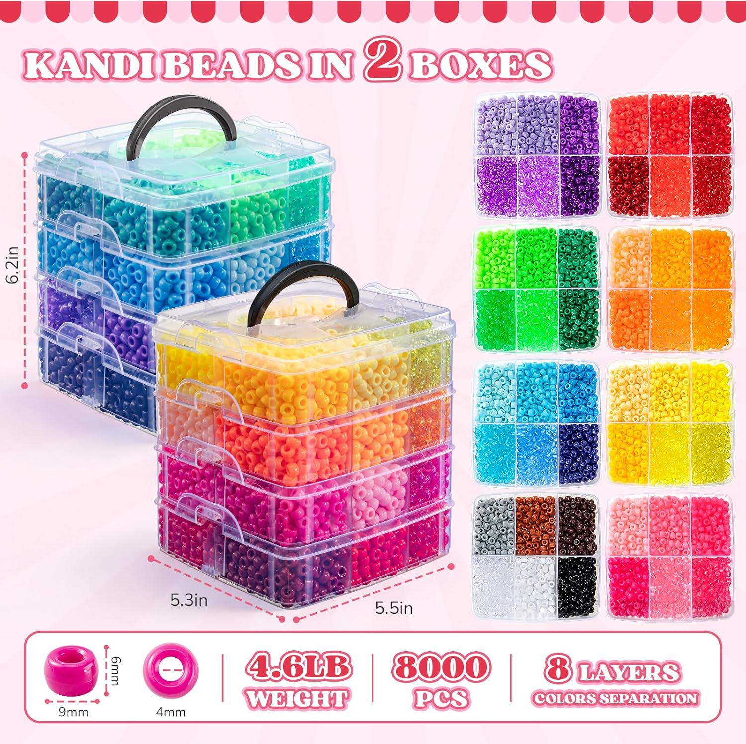 Umikk 8000PCS Pony Beads Bulk, 48 Colors 6x9mm Kandi Beads Kit for Bracelets Jewelry Making Hair Braids Crafts (Shockproof Packaging)
